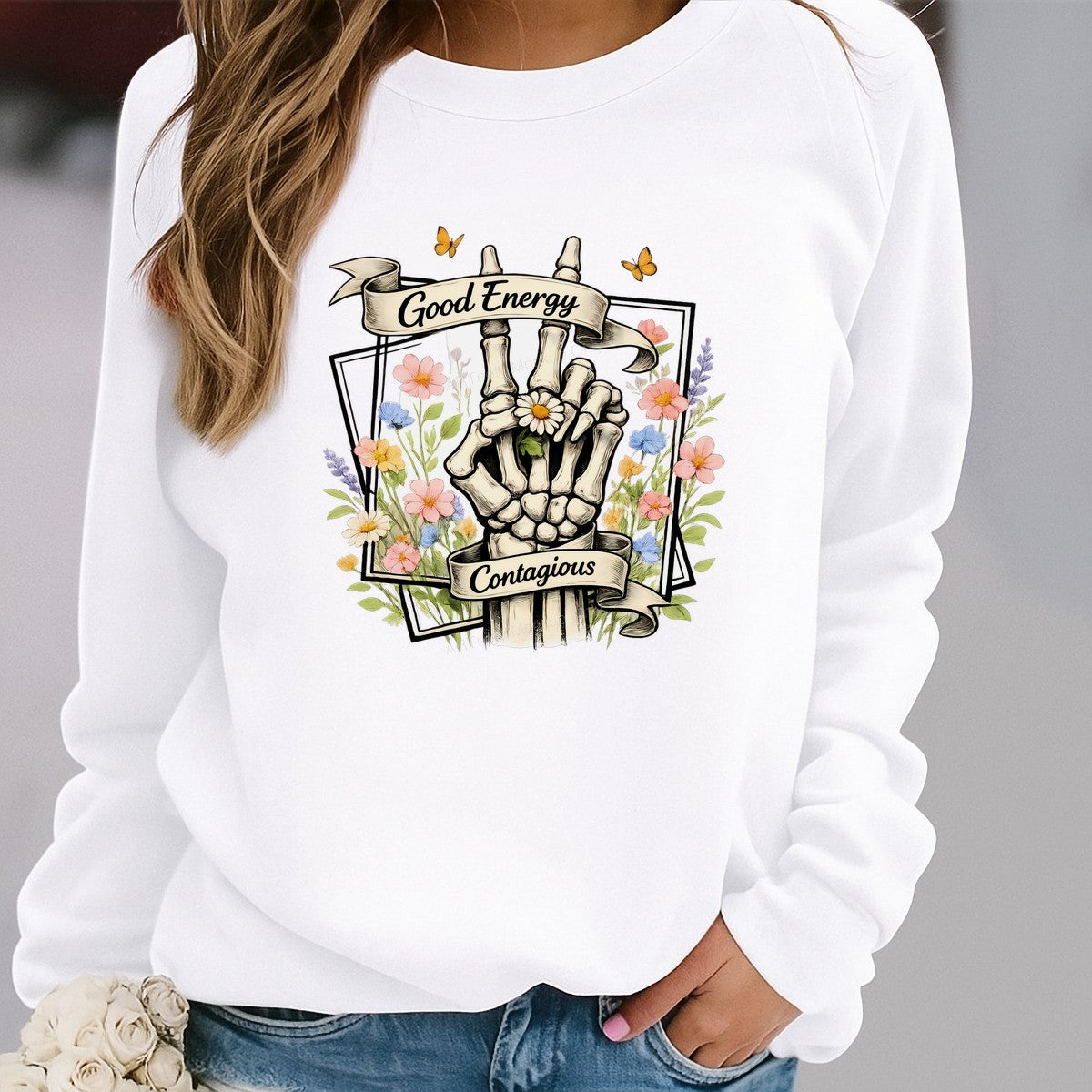 DTF Heat Transfer Good Energy Contagious Skeleton Hand with Wildflowers Graphic for T Shirts Hoodies and Tote Bags - 2