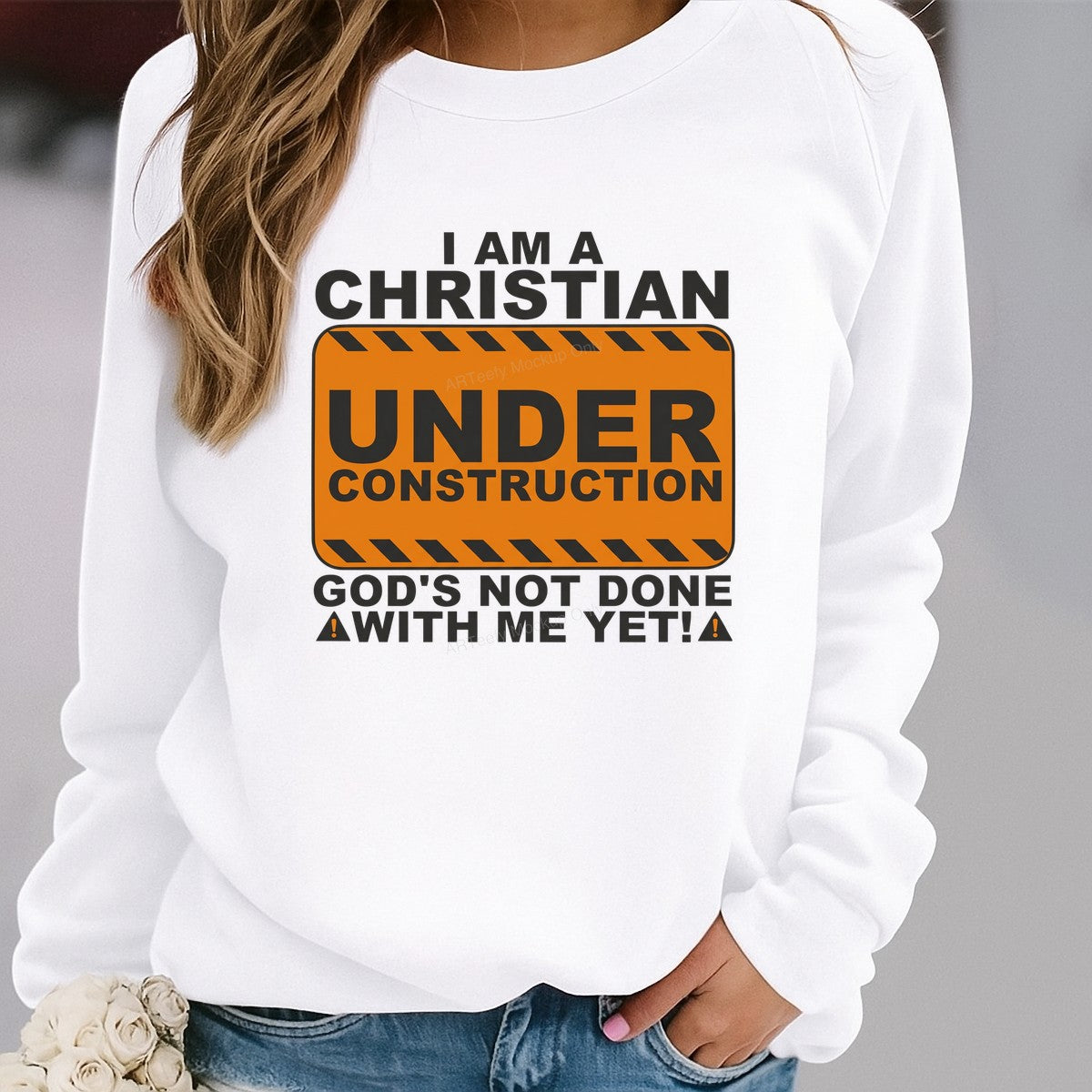 Christian Heat Transfer I Am a Christian Under Construction Sign Graphic for T Shirts Hoodies and Tote Bags - 2