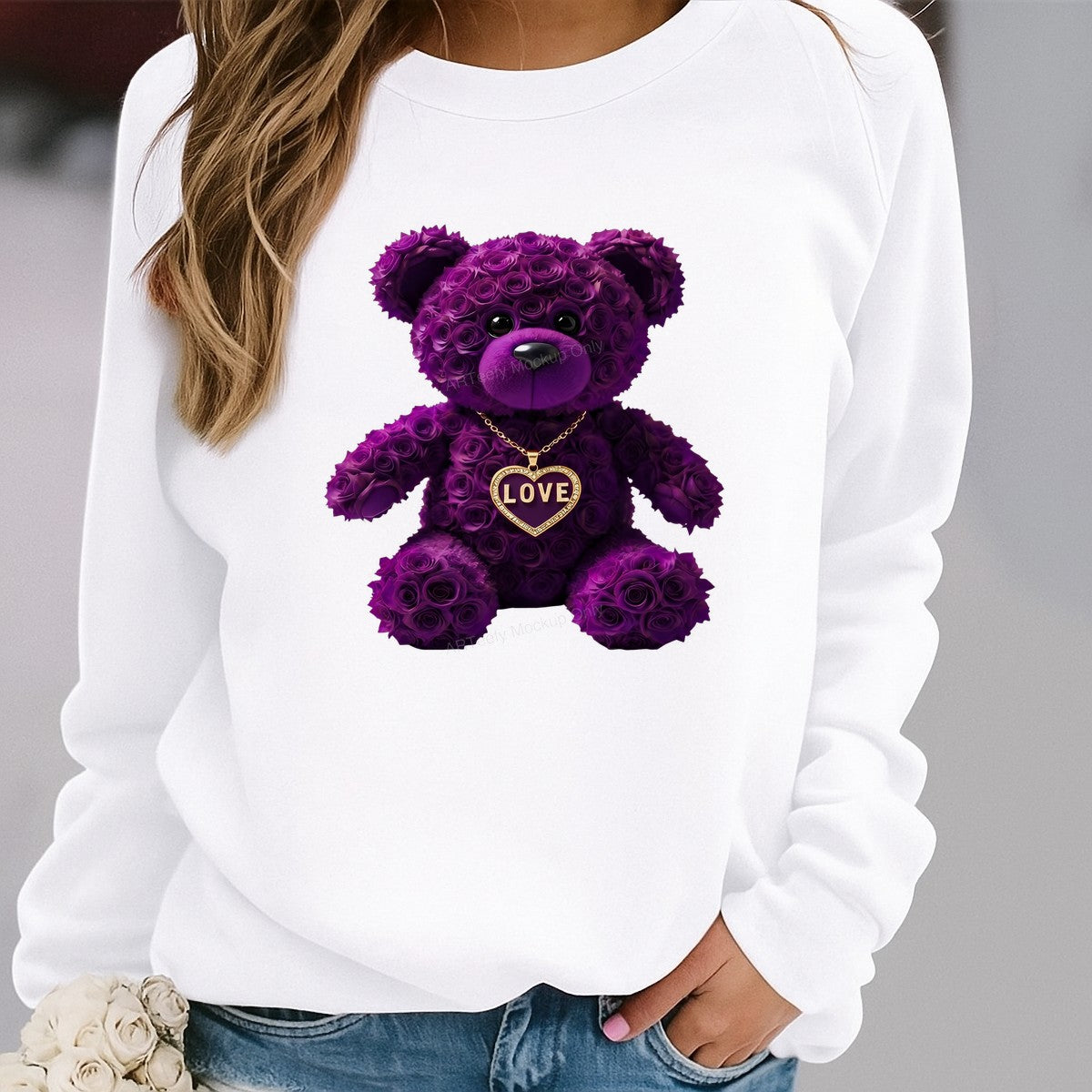 DTF Transfer Purple Rose Teddy Bear with Gold Love Heart Necklace Graphic for T Shirts Hoodies and Valentine Gifts - 2