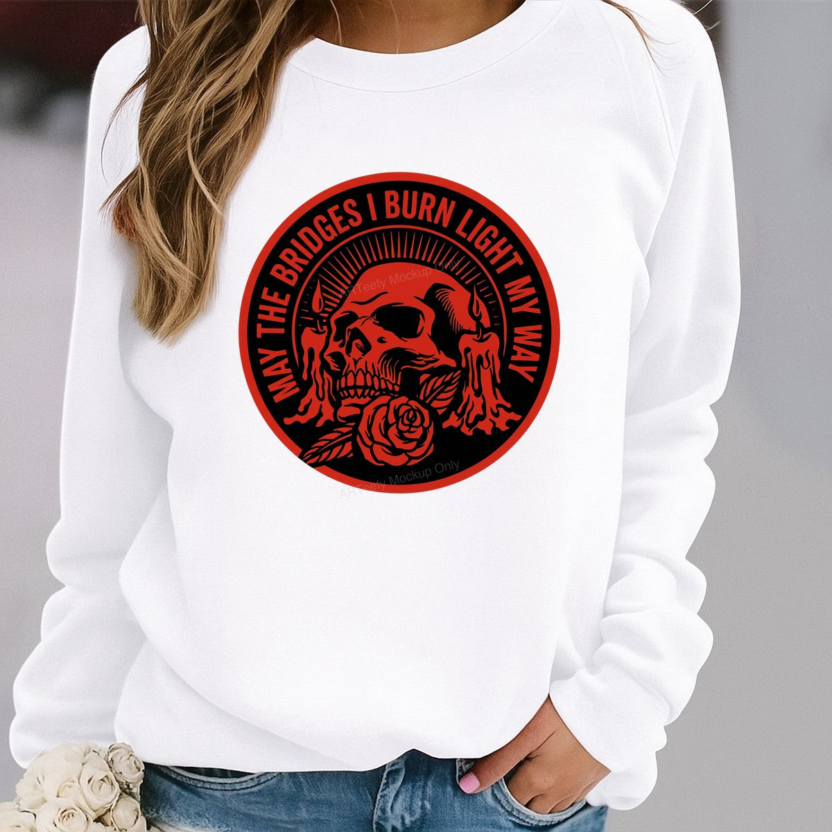 DTF Transfer May The Bridges I Burn Light My Way Skull Candle Rose Graphic for T Shirts Hoodies and Back Patches - 2