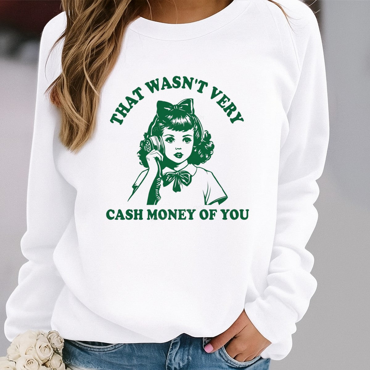 Funny Graphic Transfer “That Wasn’t Very Cash Money of You” Retro Phone Girl Line Art for T Shirts Hoodies and Tote Bags - 2