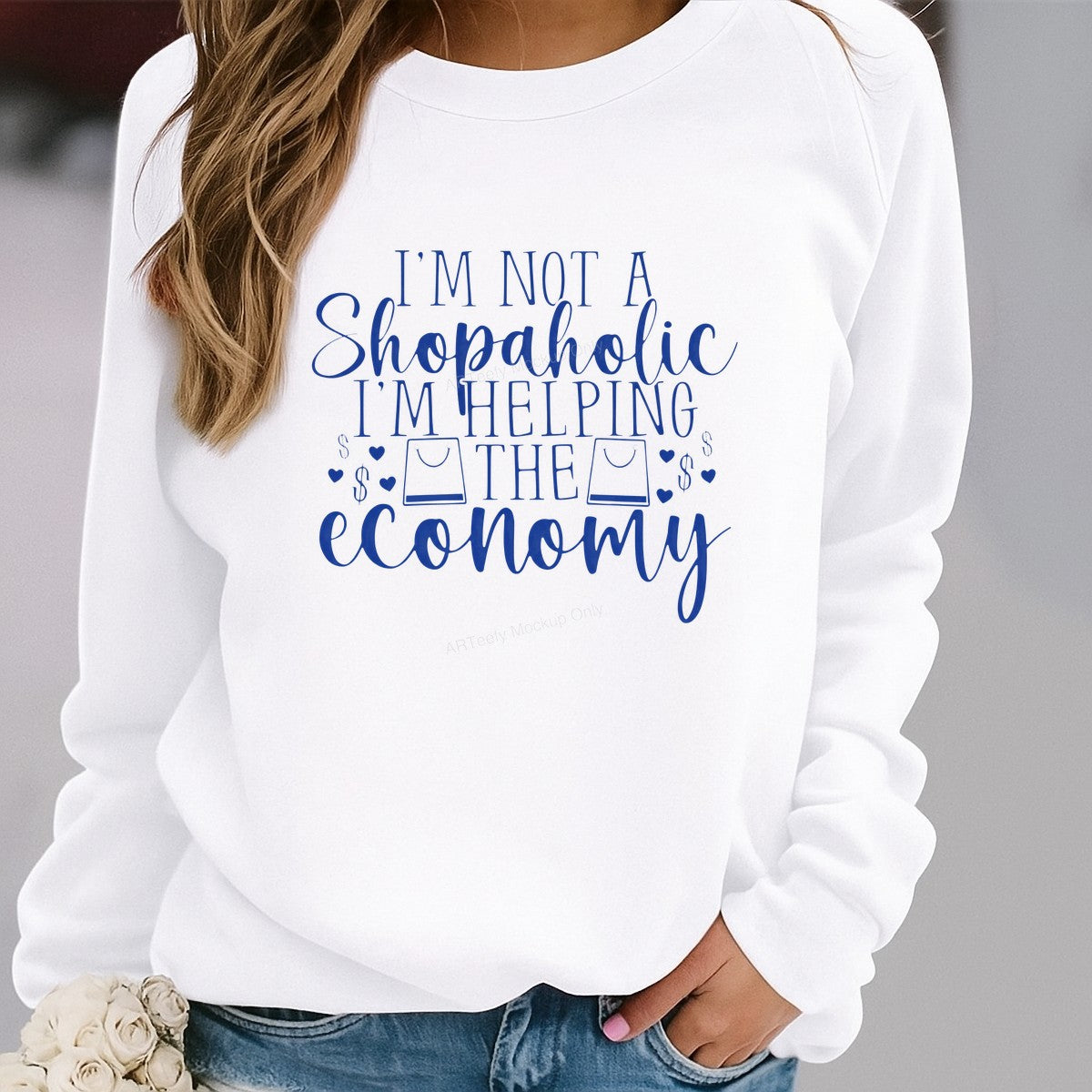 Funny Graphic Transfer I’m Not a Shopaholic I’m Helping the Economy Quote with Shopping Bag Icons for T Shirts Hoodies and Tote Bags - 2