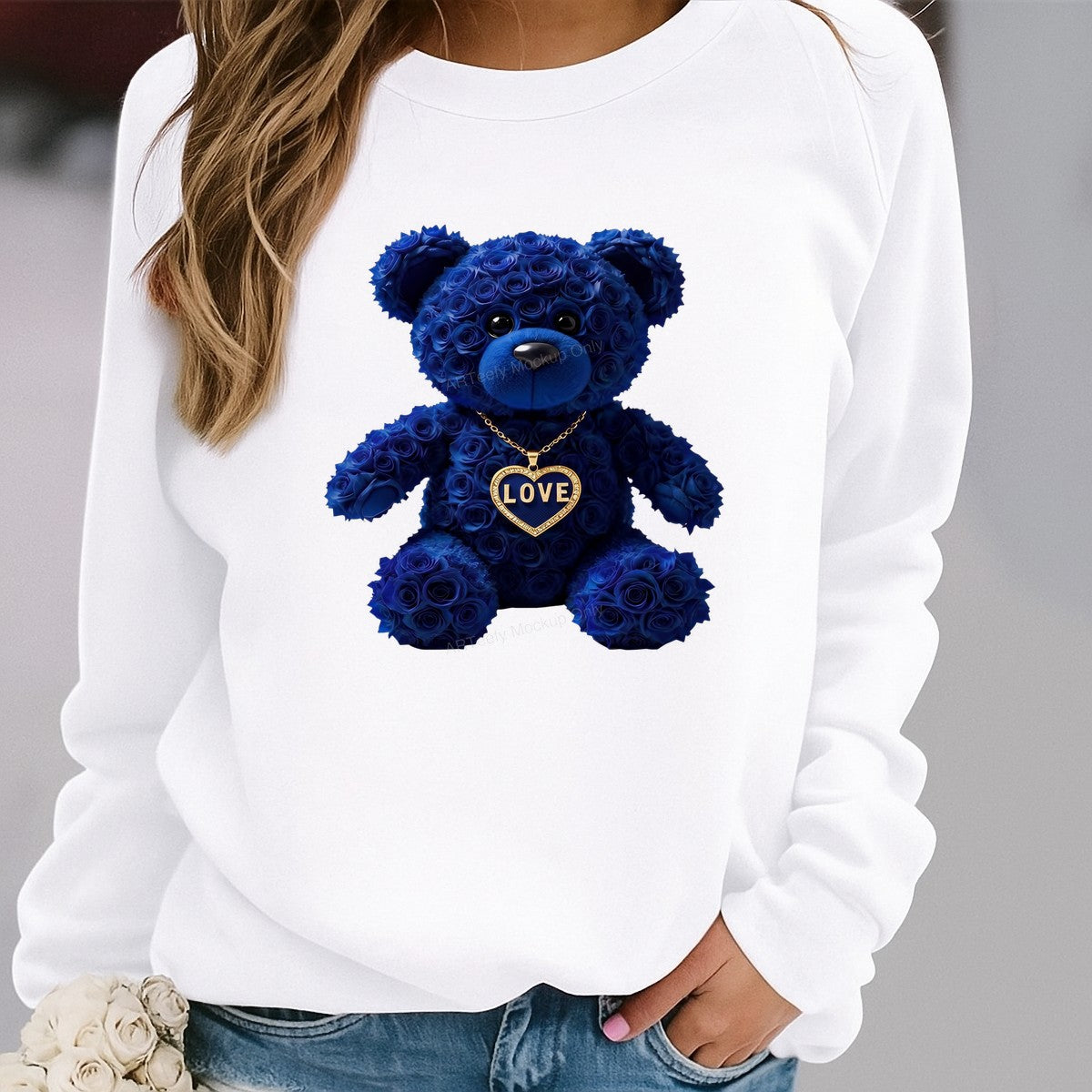 DTF Transfer Blue Rose Teddy Bear with Love Heart Necklace Graphic for T Shirts Hoodies and Valentine Gifts - 2