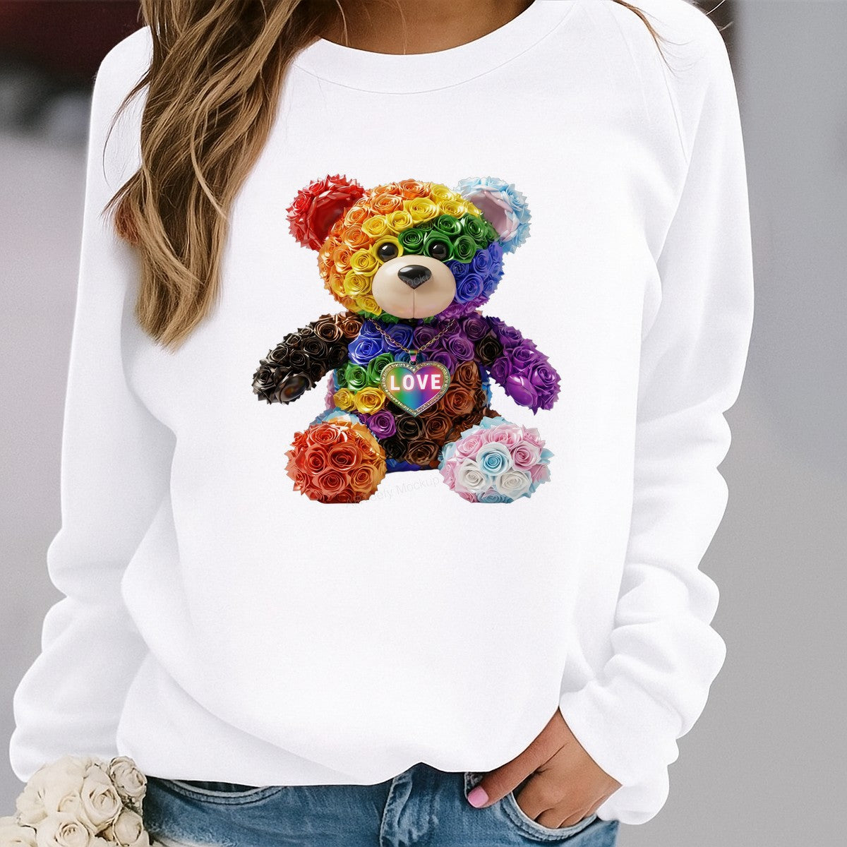 DTF Heat Transfer Rainbow Rose Bear LOVE Heart Graphic for T Shirts Hoodies and Pride Apparel - 2