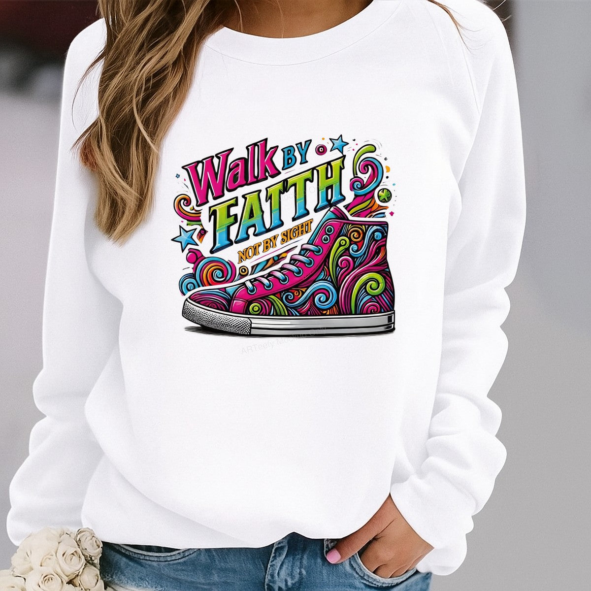 Christian Heat Transfer Walk By Faith Not By Sight Colorful Sneaker Graphic for T Shirts Hoodies and Tote Bags - 2