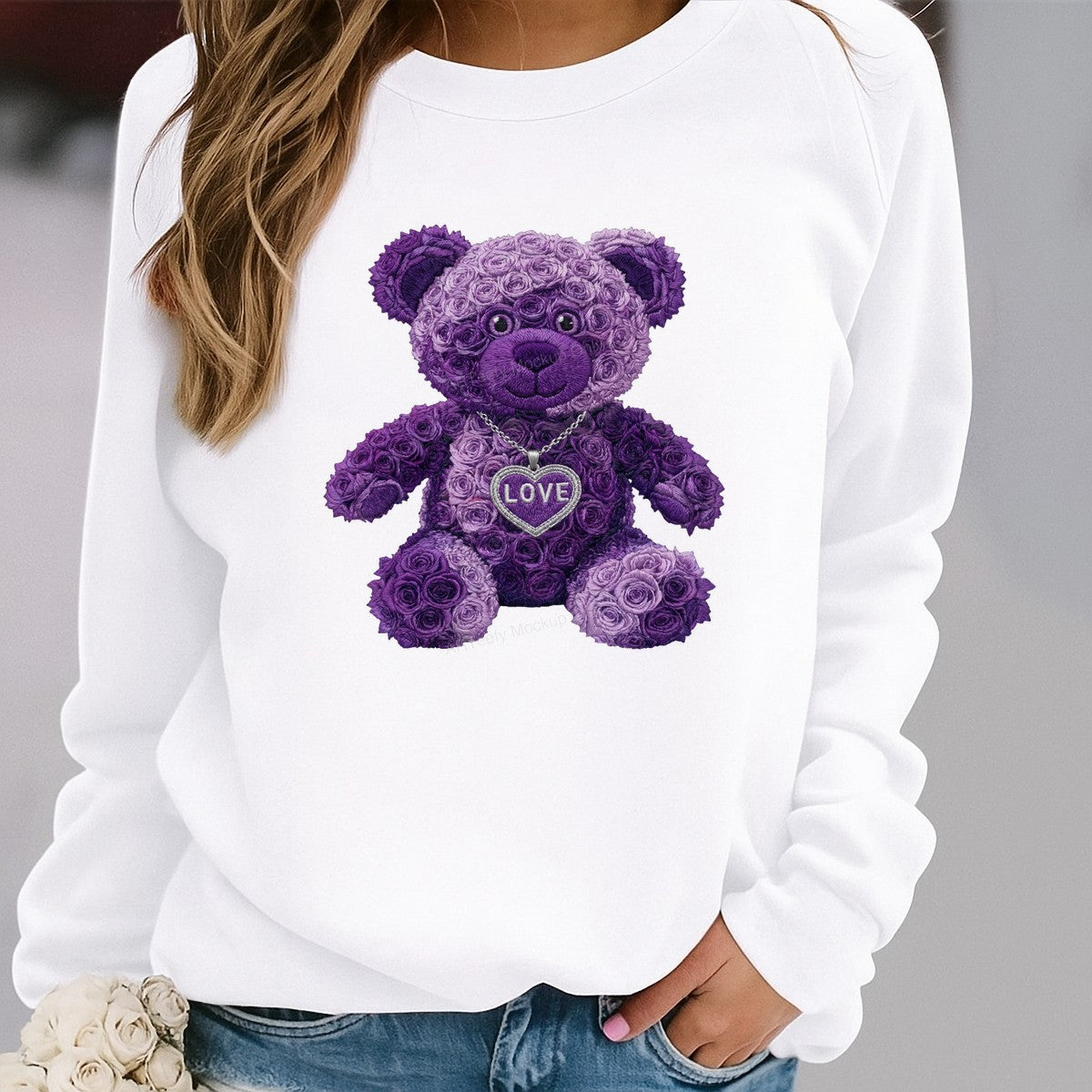 DTF Transfer Purple Rose Teddy Bear with Love Heart Pendant Graphic for T Shirts Hoodies and Valentine Gifts - 2