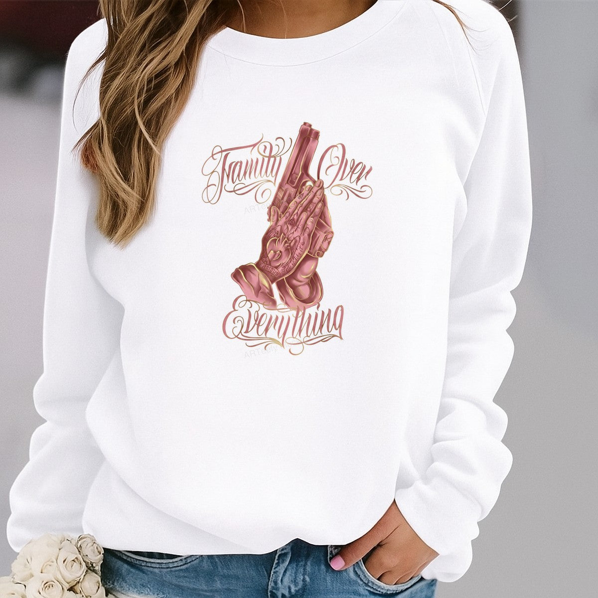 DTF Heat Transfer Family Over Everything Praying Hands with Gun Tattoo Art for T Shirts Hoodies and Streetwear Apparel - 2