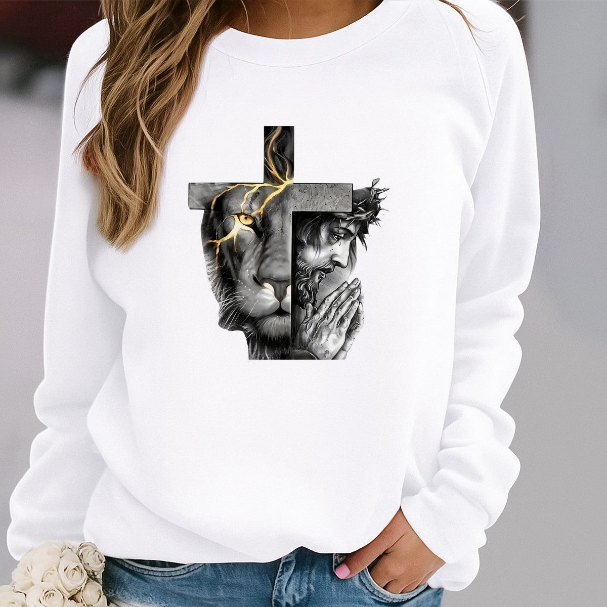 Christian Heat Transfer Lion and Cross with Praying Hands Graphic for T Shirts Hoodies and Christian Apparel - 2