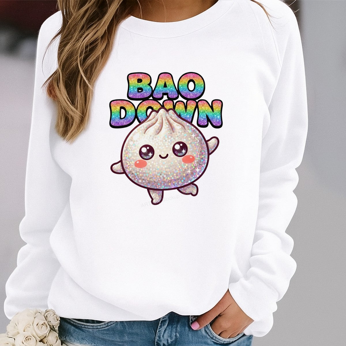Funny Graphic Transfer Bao Down Glitter Dumpling Cartoon with Rainbow Text for T Shirts Hoodies and Tote Bags - 2