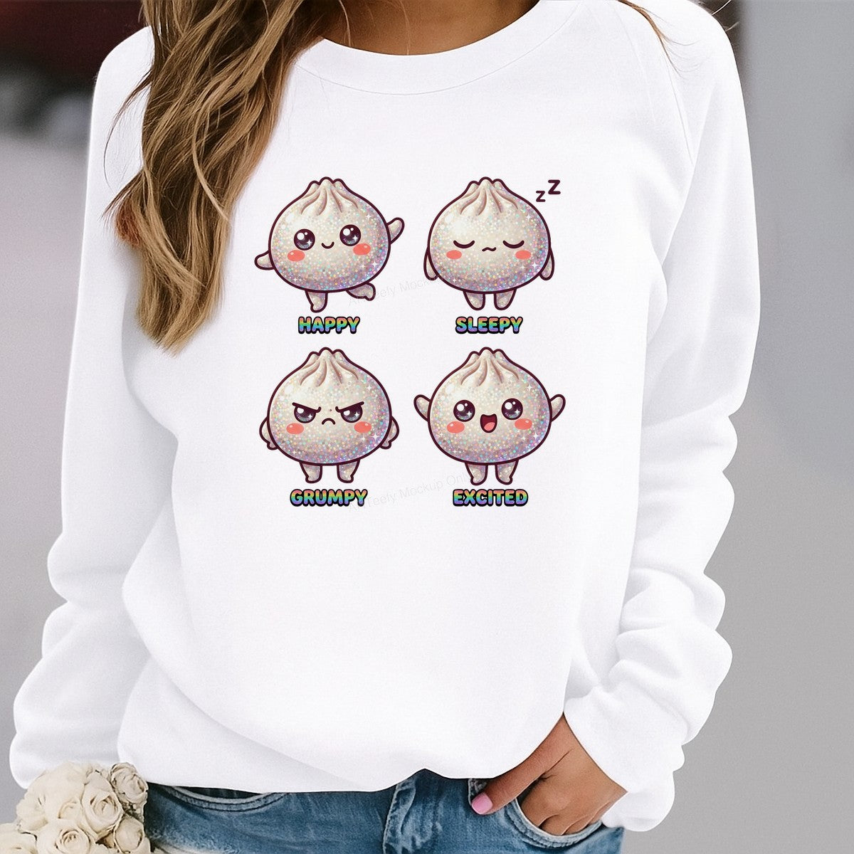 DTF Transfer Glitter Dumpling Emotions Happy Sleepy Grumpy Excited Graphic for T Shirts Hoodies and Tote Bags - 2