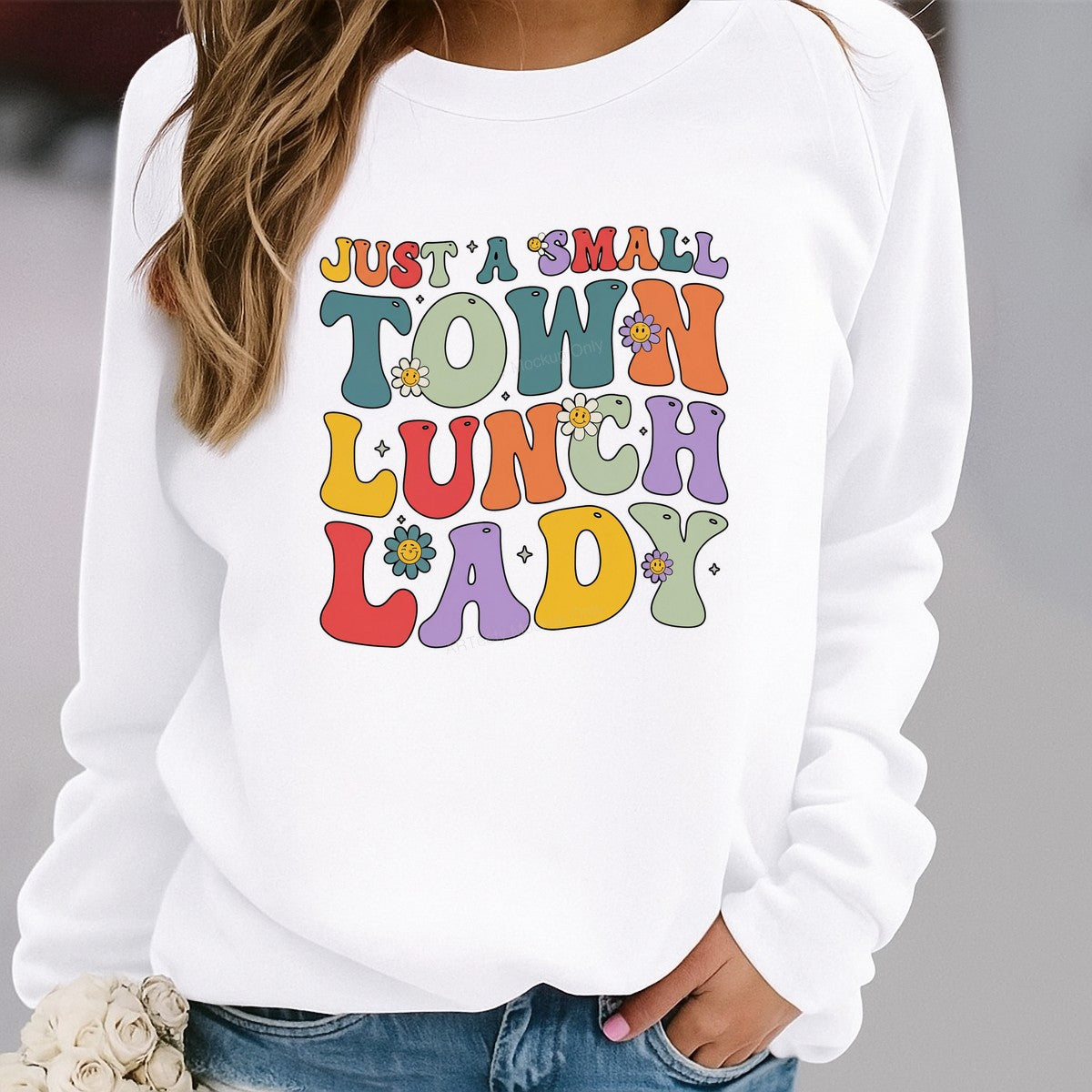 DTF Transfer Just a Small Town Lunch Lady Retro Groovy Smiley Flower Graphic for T Shirts Hoodies and Tote Bags - 2