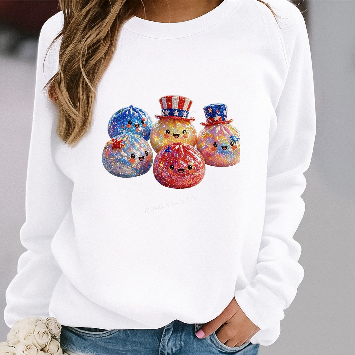 DTF Transfer Patriotic Glitter Smiley Fireworks Characters Graphic for 4th of July T Shirts and Holiday Apparel - 2