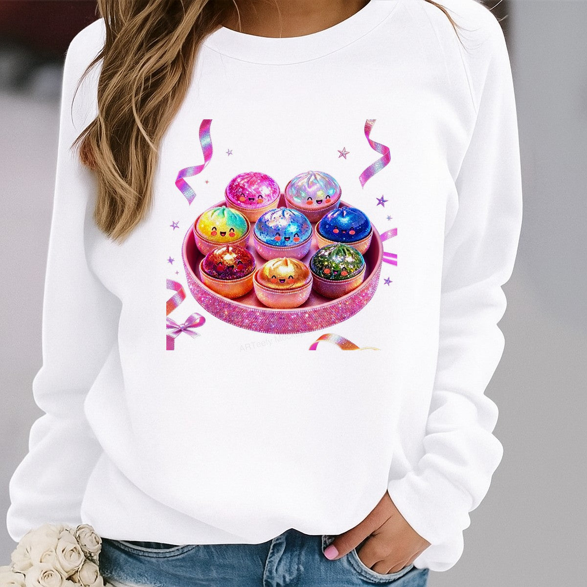 DTF Transfer Kawaii Rainbow Dumpling Characters Glitter Tray Graphic for T Shirts Hoodies and Tote Bags - 2