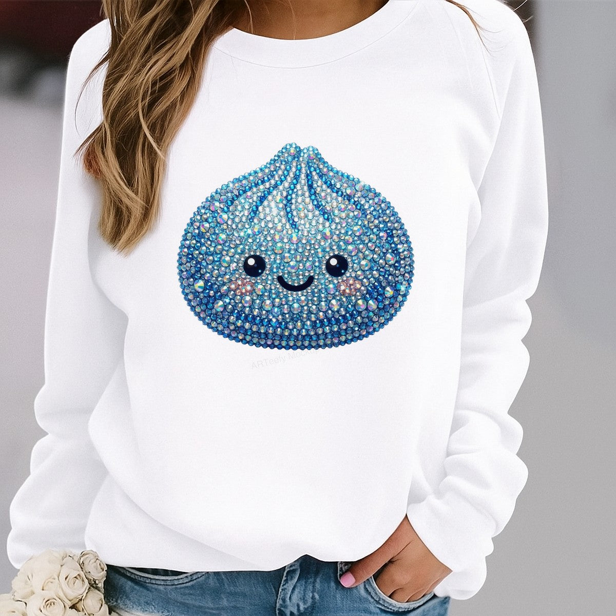 DTF Transfer Cute Sparkly Dumpling Face Rhinestone Graphic for T Shirts Hoodies and Tote Bags - 2