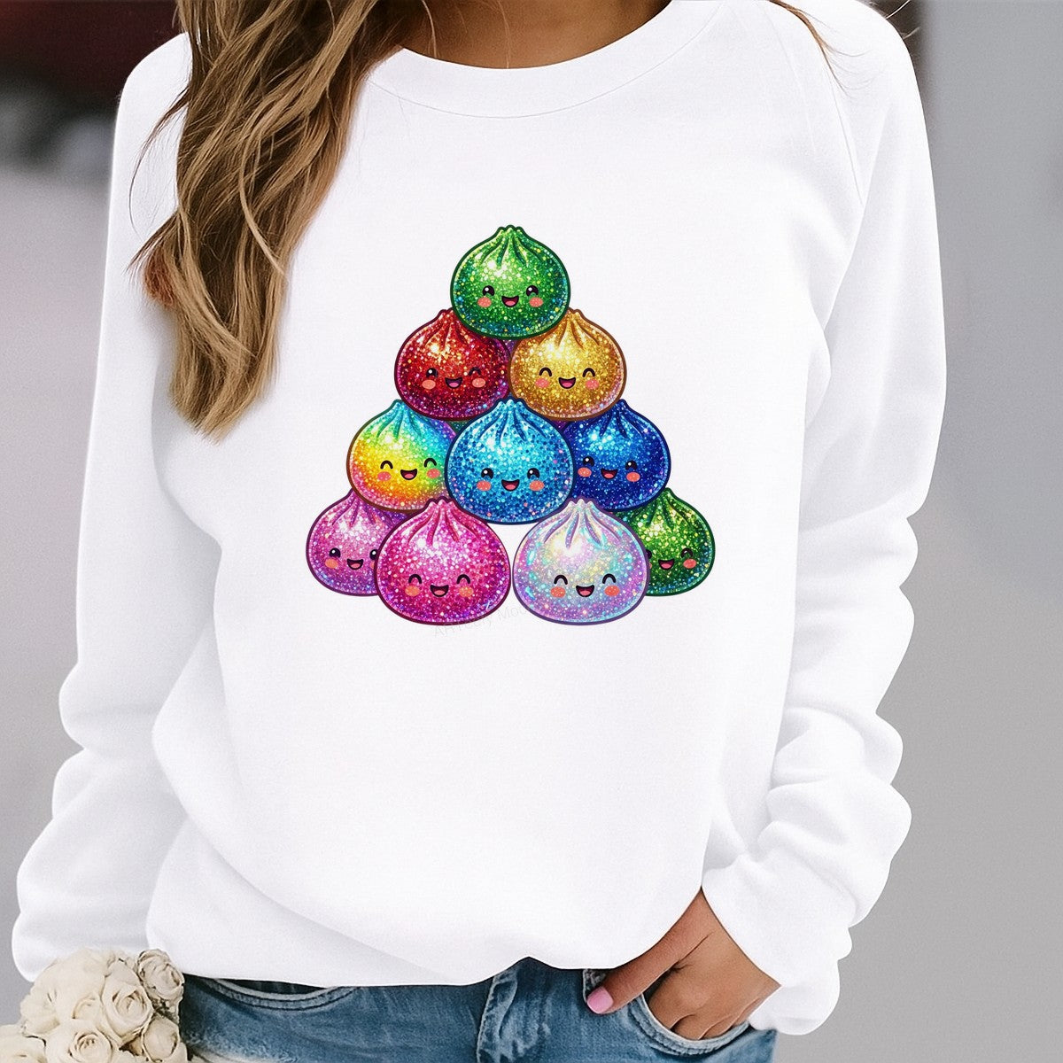 DTF Transfer Rainbow Glitter Dumpling Faces Kawaii Graphic for T Shirts Hoodies and Tote Bags - 2
