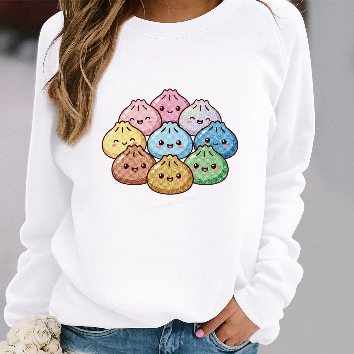 DTF Transfer Cute Glitter Rainbow Dumpling Faces Graphic for T Shirts Hoodies and Tote Bags - 2