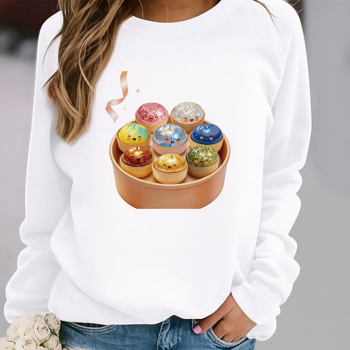 Funny Graphic Transfer Cute Glitter Dumpling Faces Cartoon Steamer Basket Design for T Shirts Hoodies and Tote Bags - 2