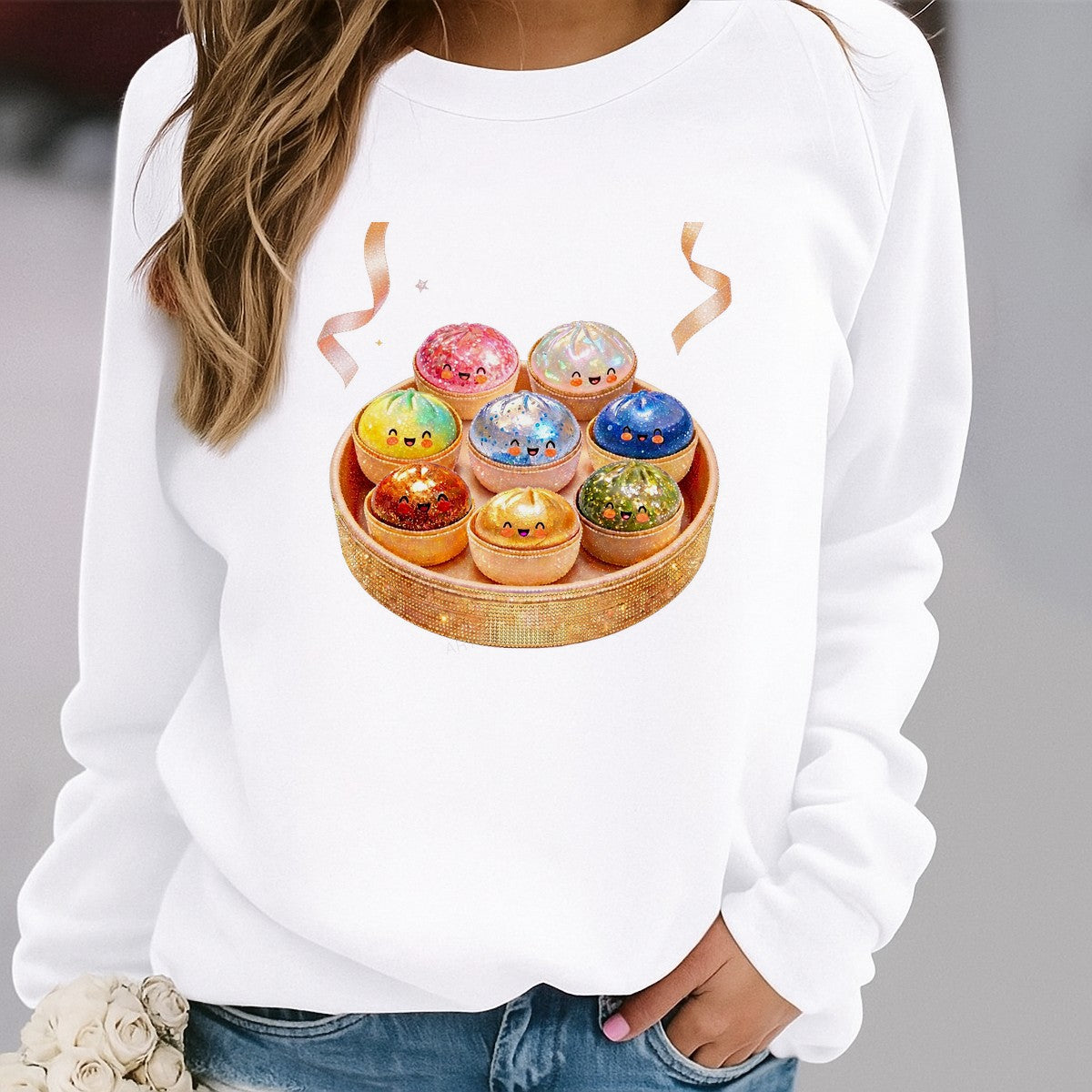 DTF Heat Transfer Cute Rainbow Dumpling Characters Glitter Style Graphic for T Shirts Hoodies and Tote Bags - 2