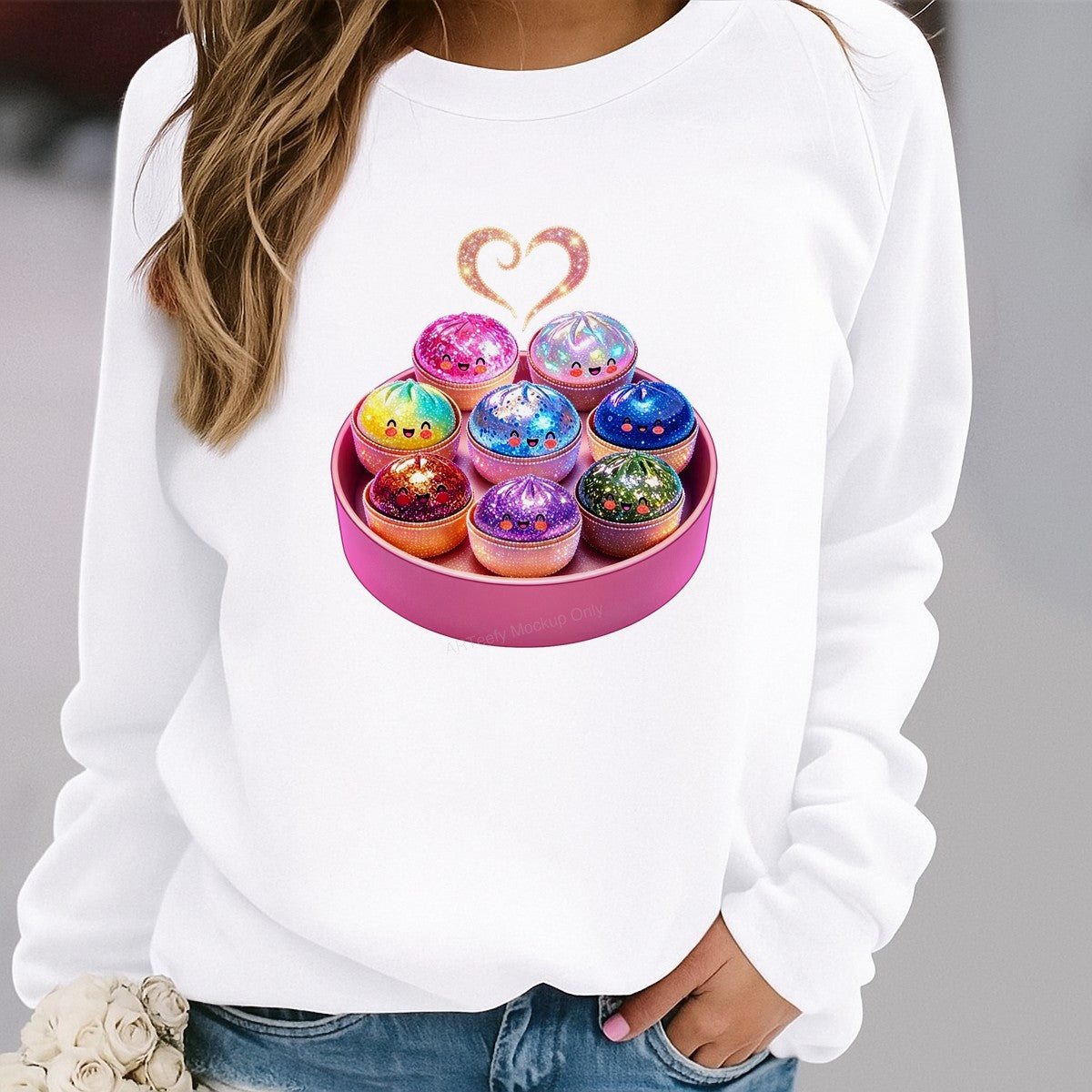 DTF Heat Transfer Kawaii Rainbow Dumpling Characters Sparkle Heart Design for T Shirts Hoodies and Tote Bags - 2