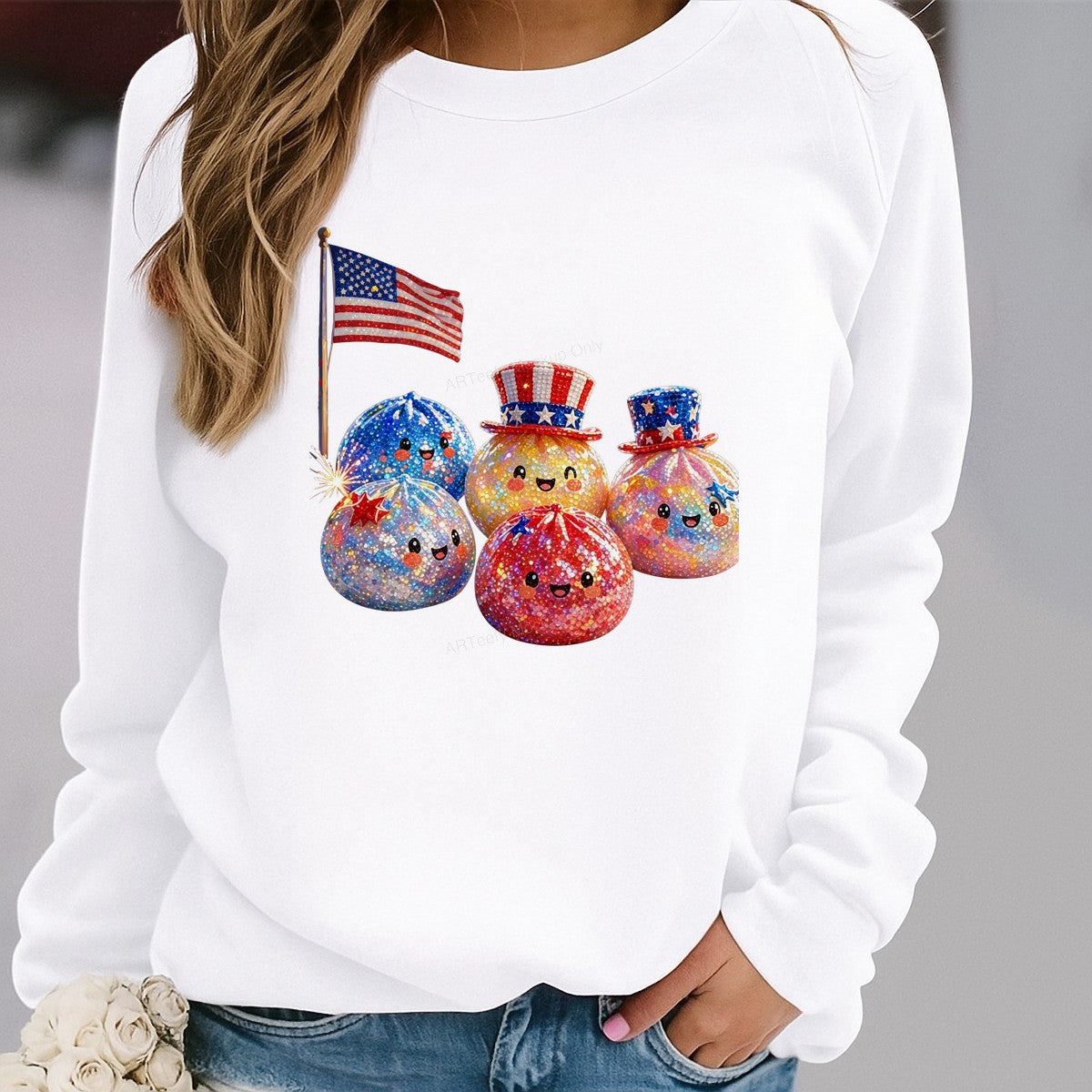 DTF Heat Transfer Patriotic Sparkle Smiley Fireworks Graphic with American Flag for 4th of July T Shirts and Hoodies - 2