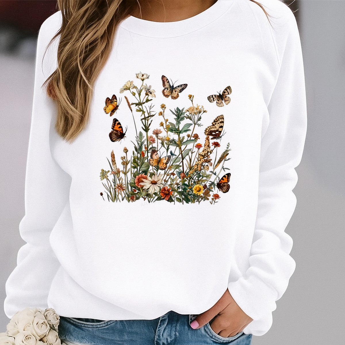 DTF Heat Transfer Wildflower Meadow with Butterflies Vintage Botanical Graphic for T Shirts Hoodies and Tote Bags - 2