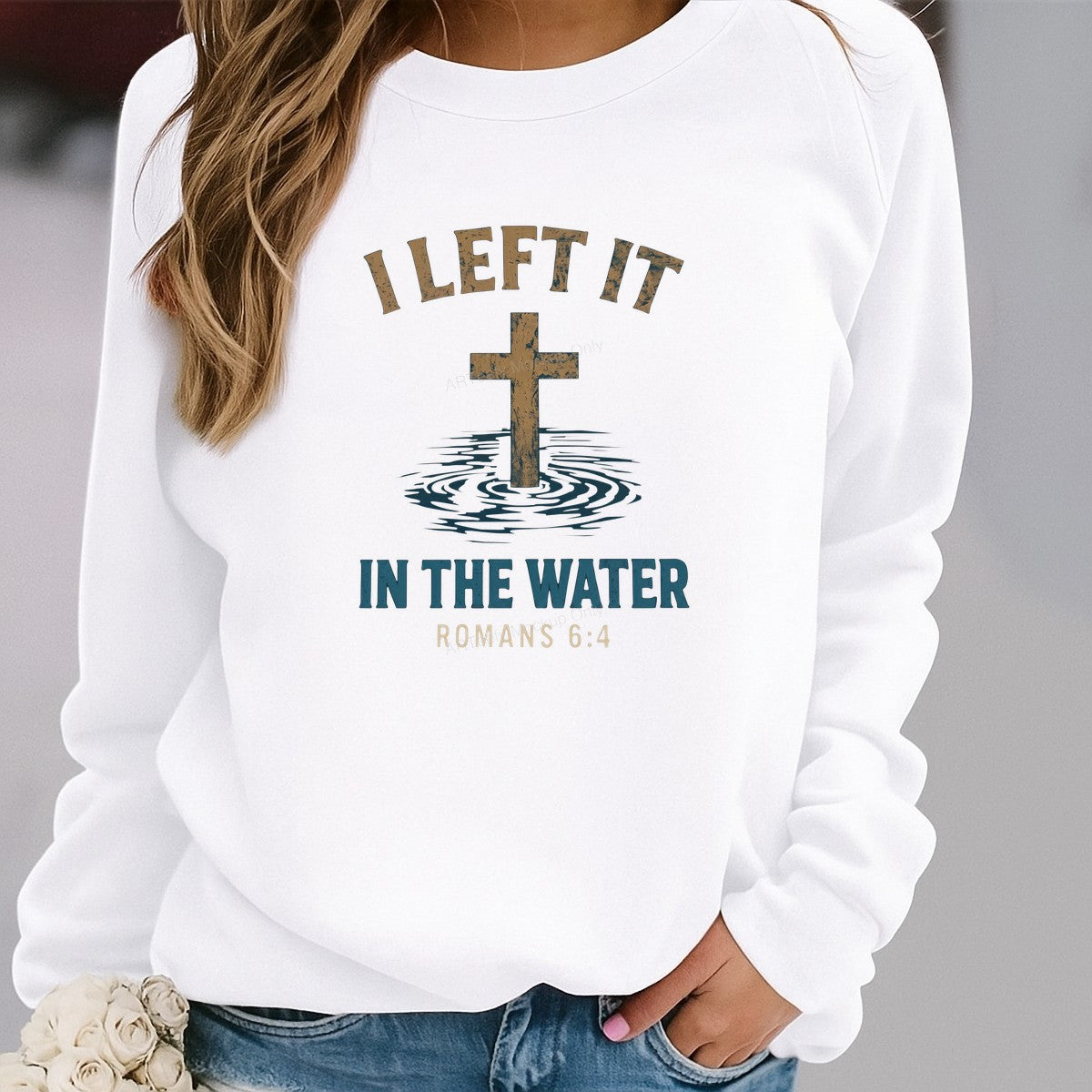 Christian Heat Transfer I Left It In The Water Cross and Ripples Scripture Graphic for T Shirts Hoodies and Christian Apparel - 2