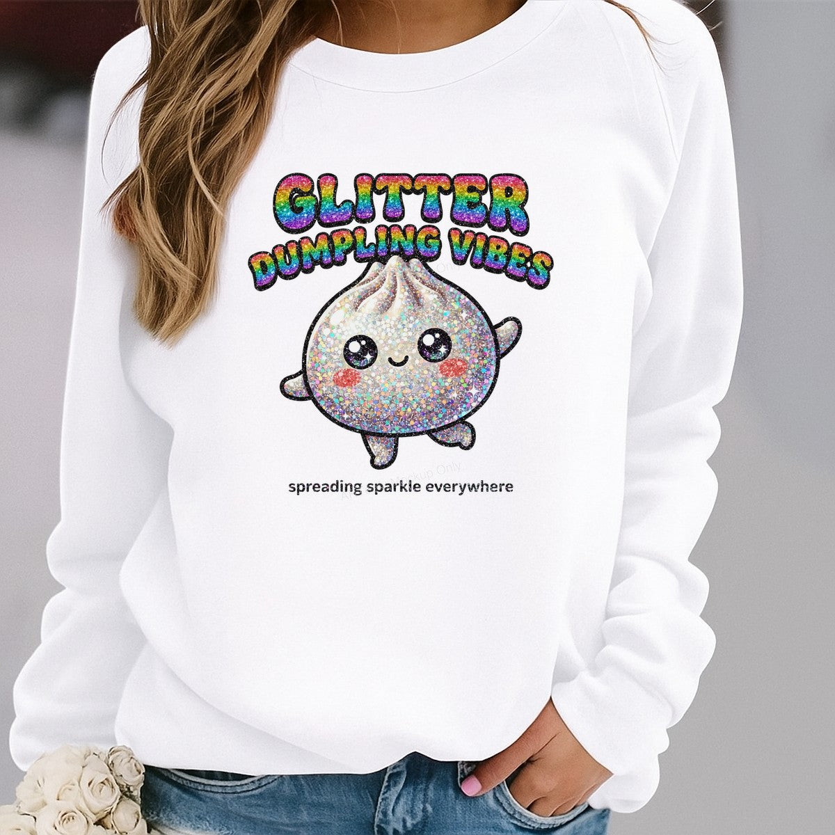 DTF Heat Transfer Glitter Dumpling Vibes Rainbow Sparkle Graphic for T Shirts Hoodies and Tote Bags - 2