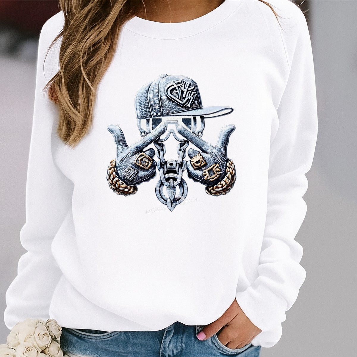 DTF Transfer Bling Skeleton Hands with Chains and Rings Hip Hop Graphic for T Shirts Hoodies and Streetwear Apparel - 2