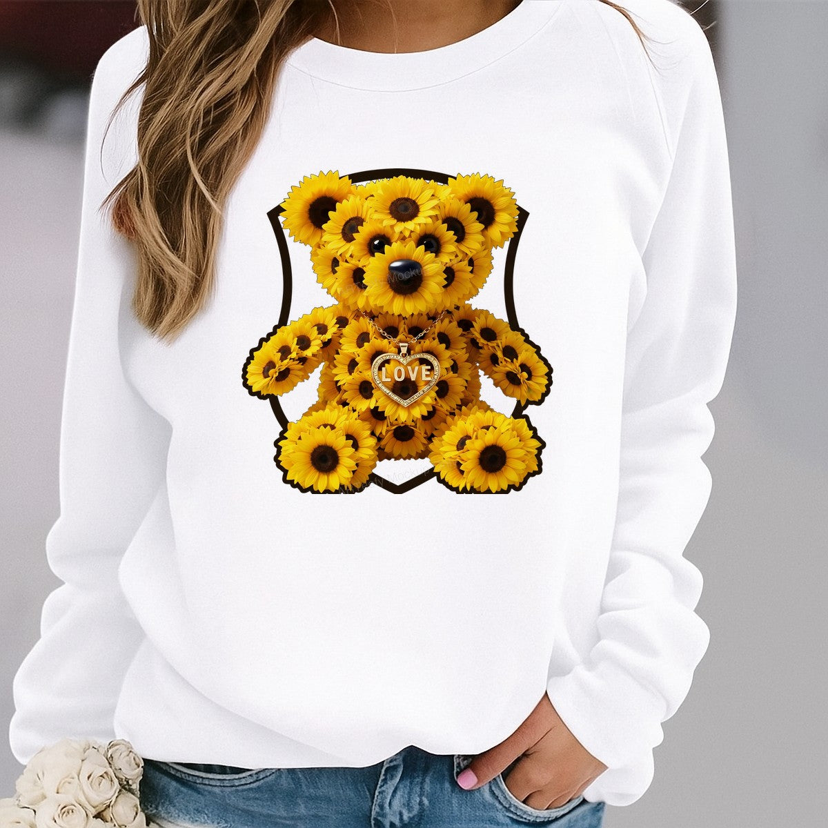 DTF Heat Transfer Sunflower Teddy Bear Love Heart Pendant Graphic for T Shirts Hoodies and Tote Bags - 2