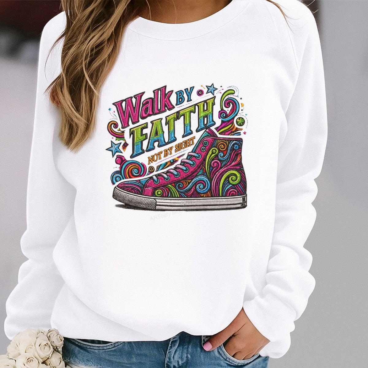Christian Heat Transfer Walk By Faith Not By Sight Colorful Sneaker Graphic for T Shirts Hoodies and Tote Bags - 2
