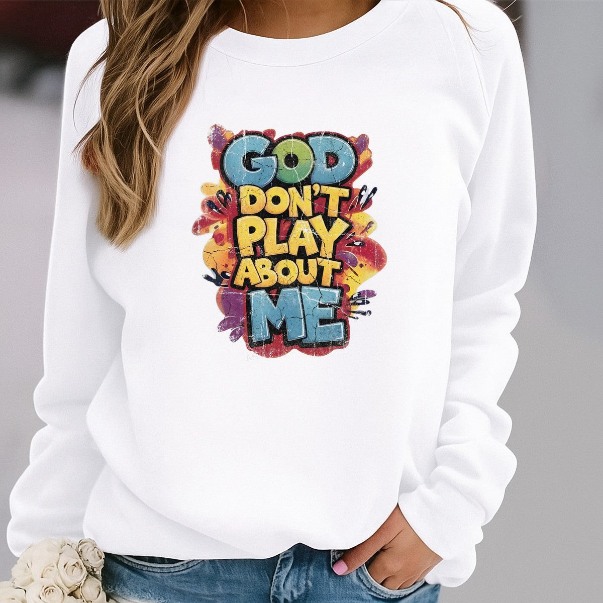 Christian Heat Transfer “God Don’t Play About Me” Colorful Graffiti Quote Graphic for T Shirts Hoodies and Tote Bags - 2