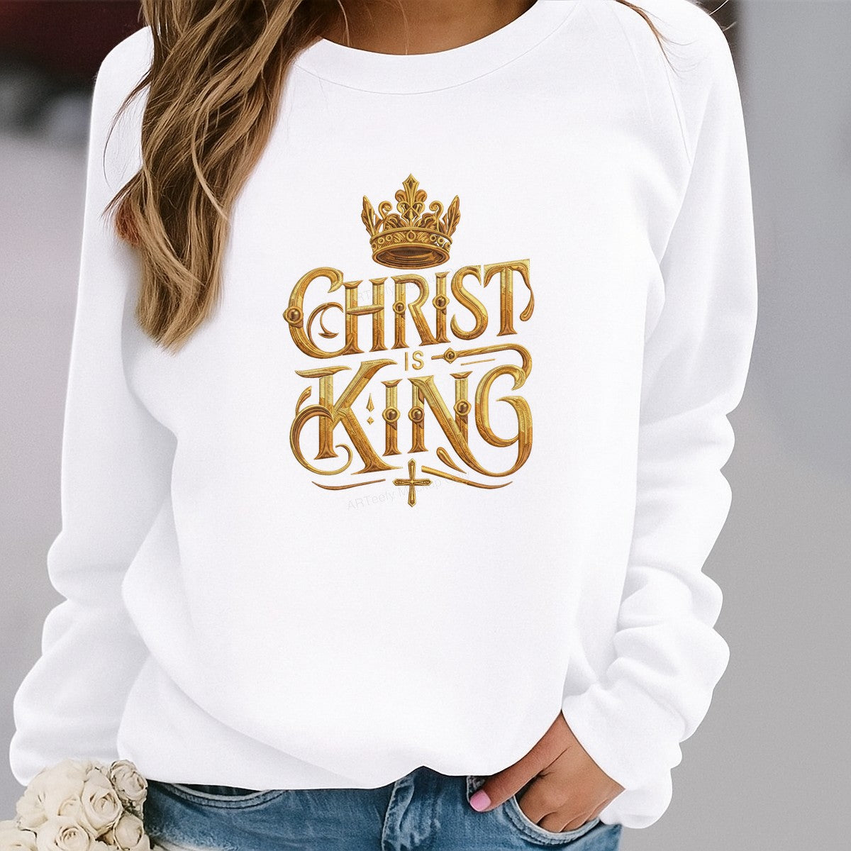 Christian Heat Transfer Christ Is King Crown and Cross Gold Lettering Design for Christian Apparel and Gifts - 2