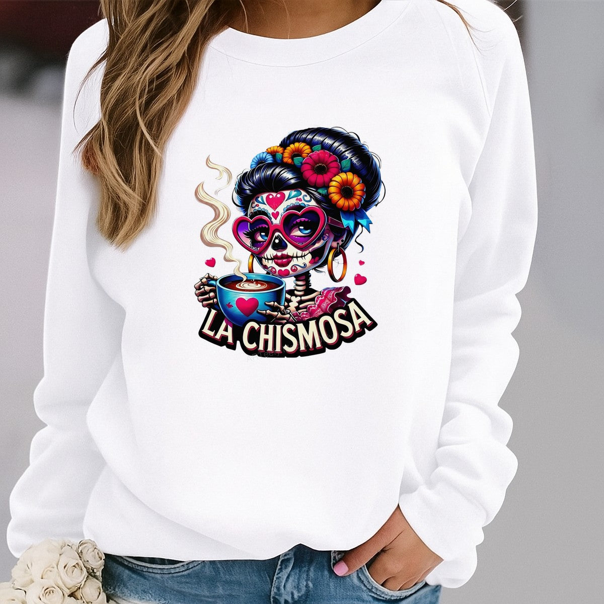 DTF Heat Transfer La Chismosa Skeleton Latina with Coffee Colorful Floral Graphic for T Shirts Hoodies and Tote Bags - 2