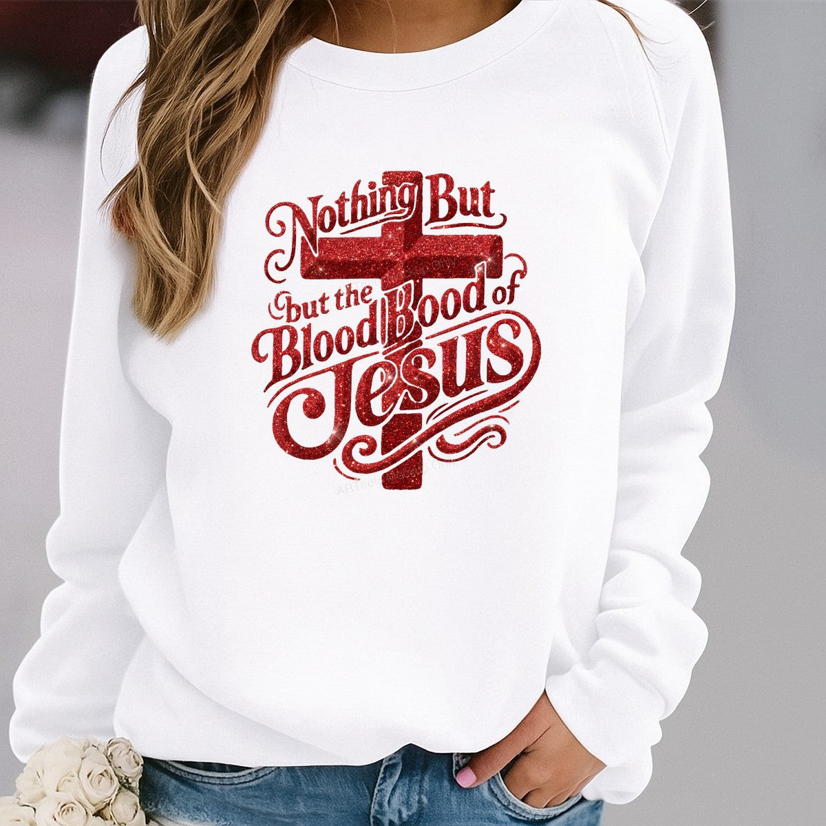 Christian Heat Transfer Nothing But the Blood of Jesus Red Glitter Cross Graphic for T Shirts Hoodies and Christian Apparel - 2