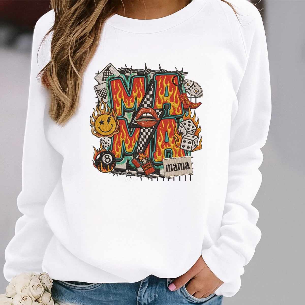 DTF Transfer Rock n Roll Mama Flaming Letters and Checkerboard Lips Graphic for T Shirts Hoodies and Tote Bags - 2