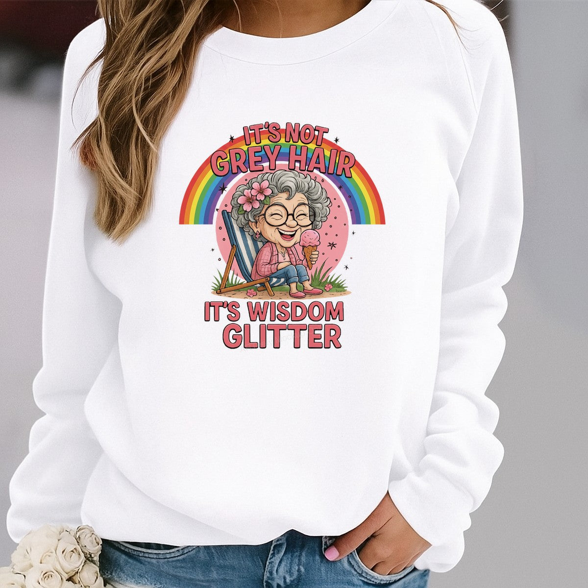 DTF Transfer It’s Not Grey Hair It’s Wisdom Glitter Grandma Rainbow Graphic for T Shirts Hoodies and Gifts - 2