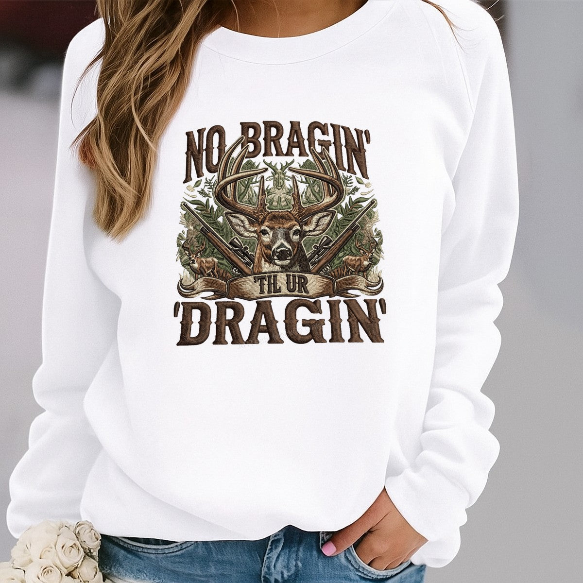 DTF Heat Transfer No Bragin Til Ur Draggin Deer Skull and Rifles Hunting Graphic for T Shirts Hoodies and Outdoor Apparel - 2