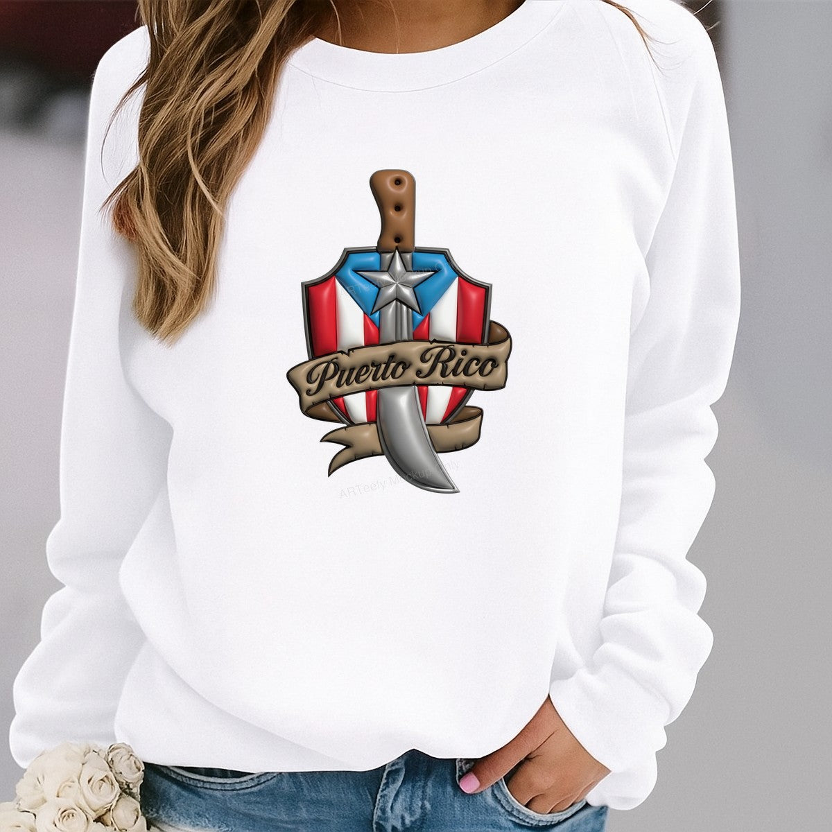 DTF Heat Transfer Puerto Rico Flag Shield with Knife Graphic for T Shirts Hoodies and Tote Bags - 2