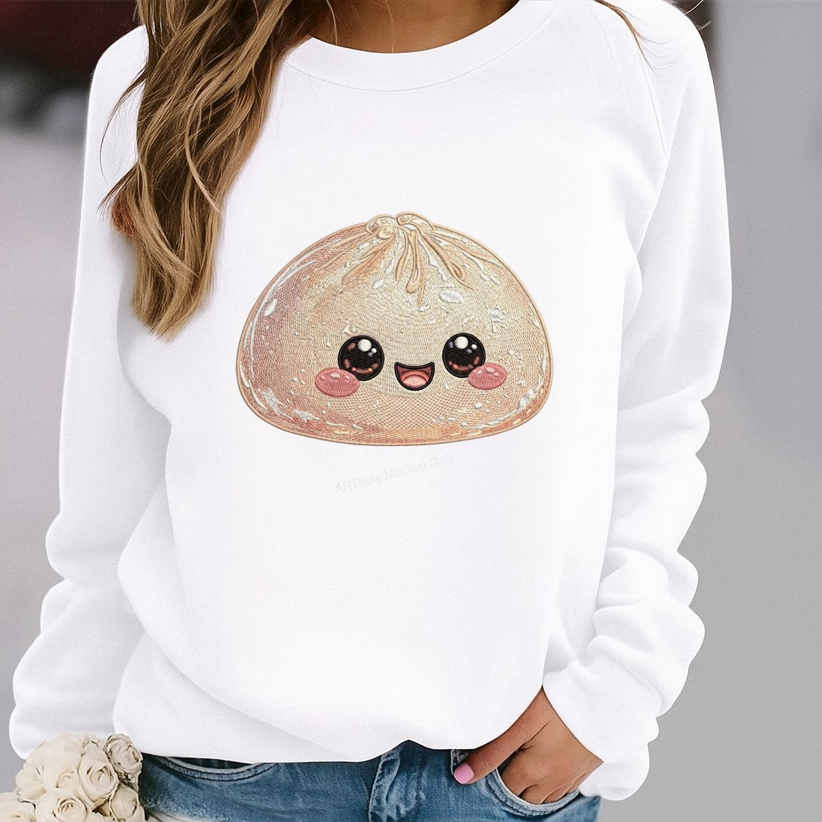 DTF Heat Transfer Cute Kawaii Dumpling Face Embroidery Style Graphic for T Shirts Hoodies and Tote Bags - 2