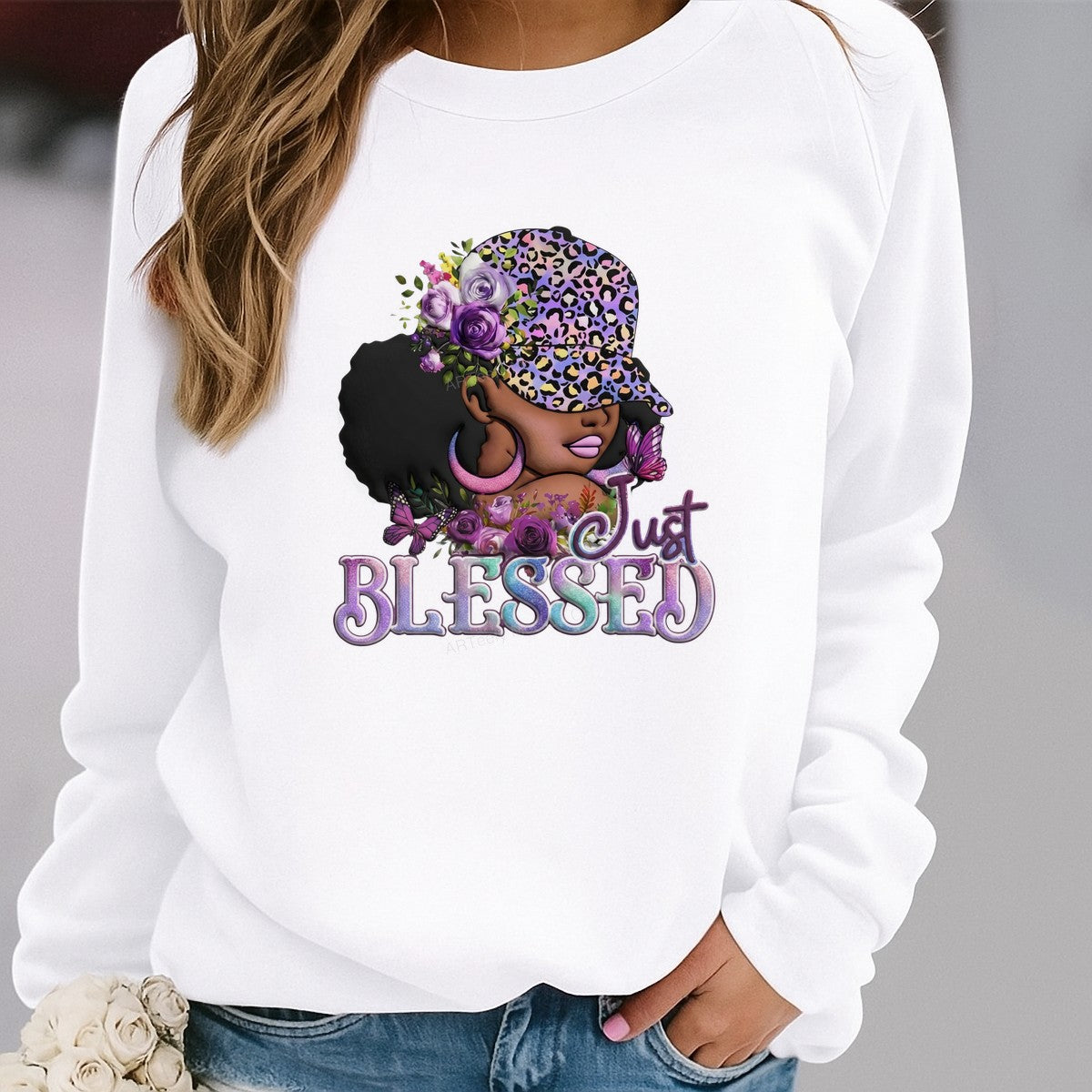 DTF Heat Transfer Just Blessed Afro Woman with Floral Leopard Hat and Butterflies Graphic for T Shirts Hoodies and Tote Bags - 2