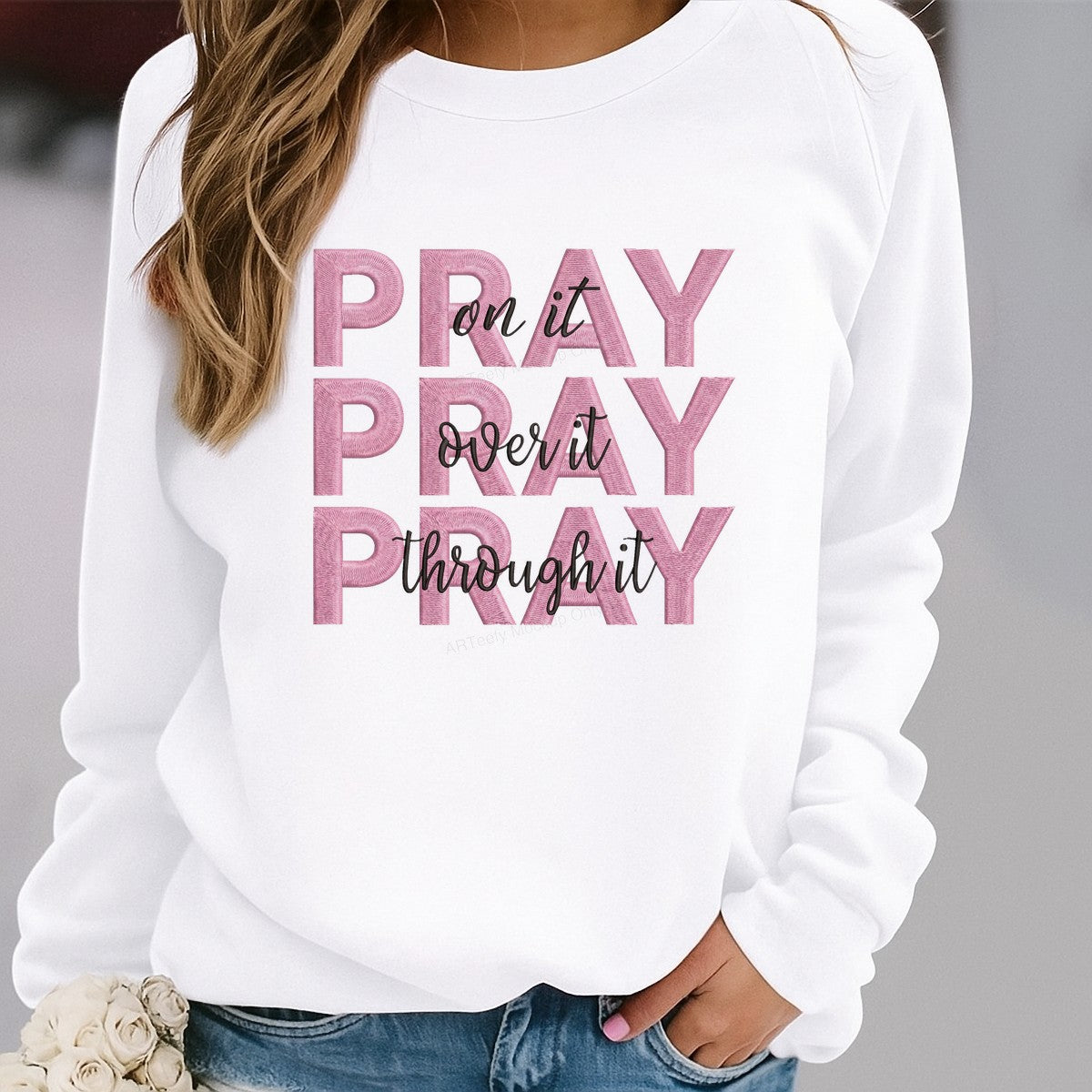 Christian Heat Transfer Pray On It Over It Through It Pink Embroidered Letter Graphic for T Shirts Hoodies and Tote Bags - 2