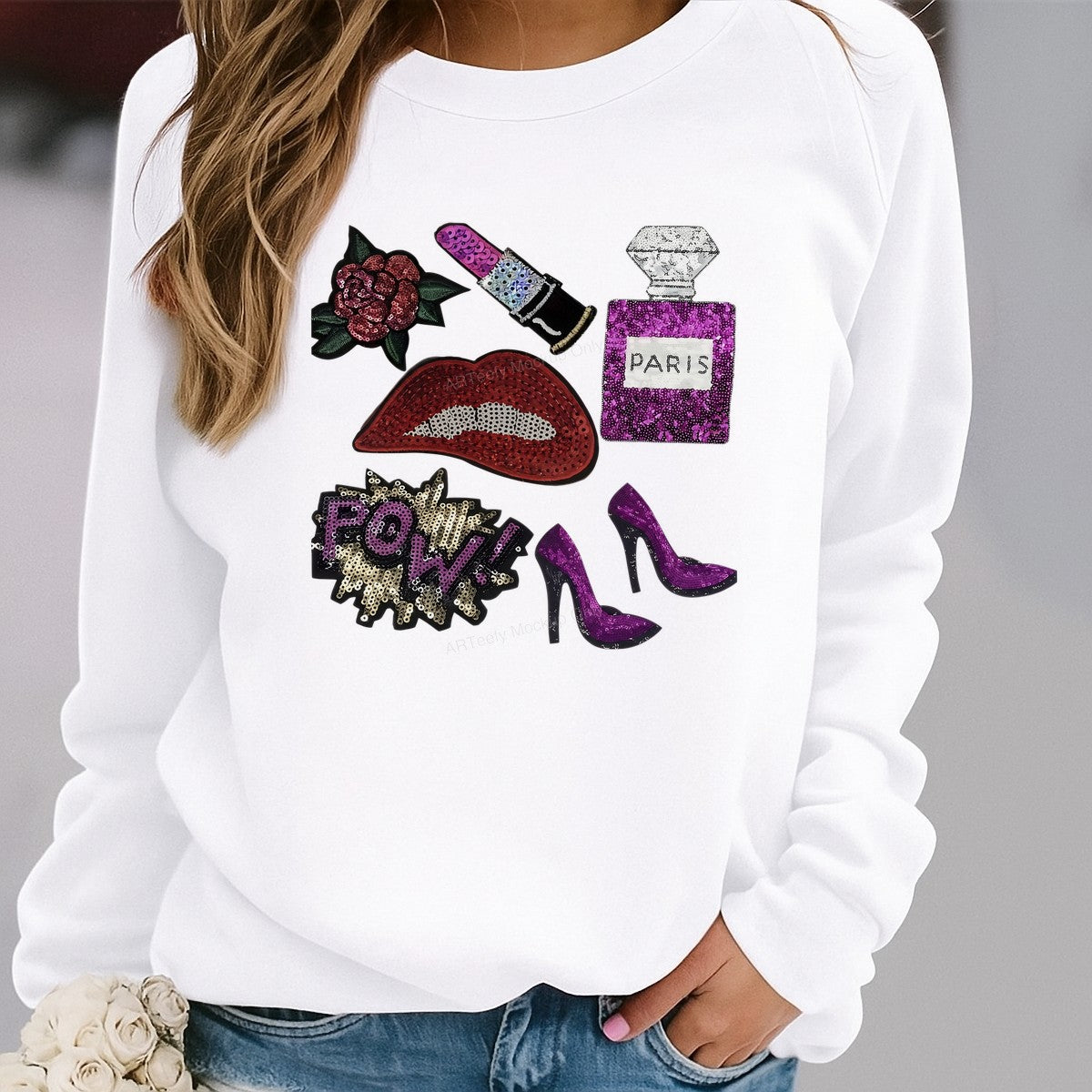 Heat Transfer Patch Glam Lips Lipstick Perfume and Heels Sequin Graphic for T Shirts Jackets and Tote Bags - 2