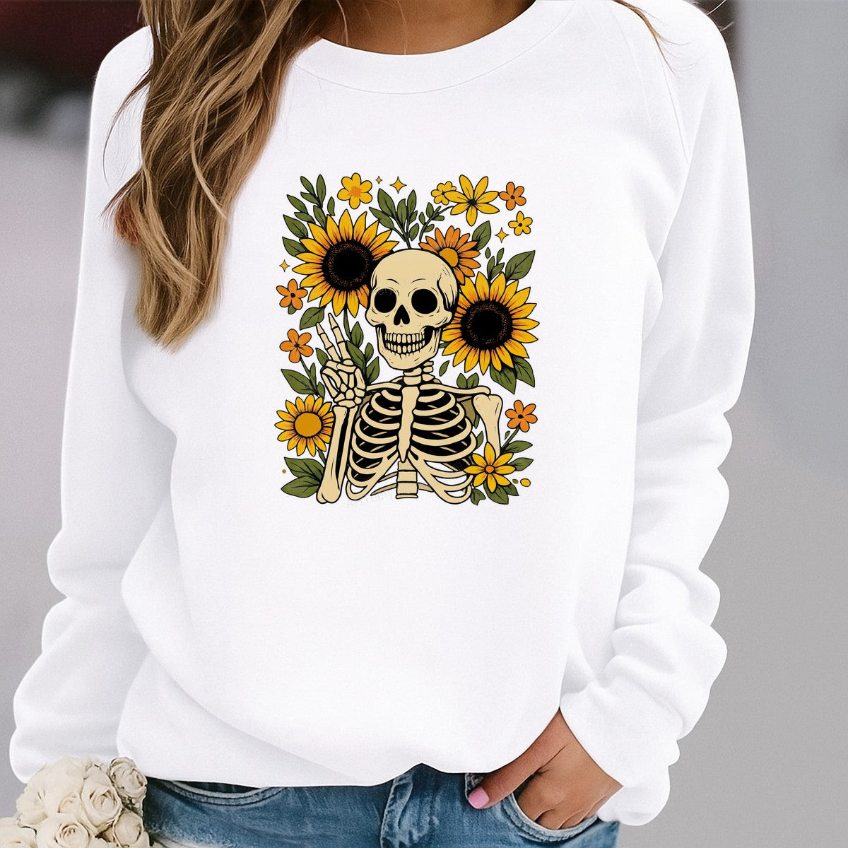 DTF Heat Transfer Peace Sign Skeleton with Sunflowers Retro Floral Graphic for T Shirts Hoodies and Tote Bags - 2