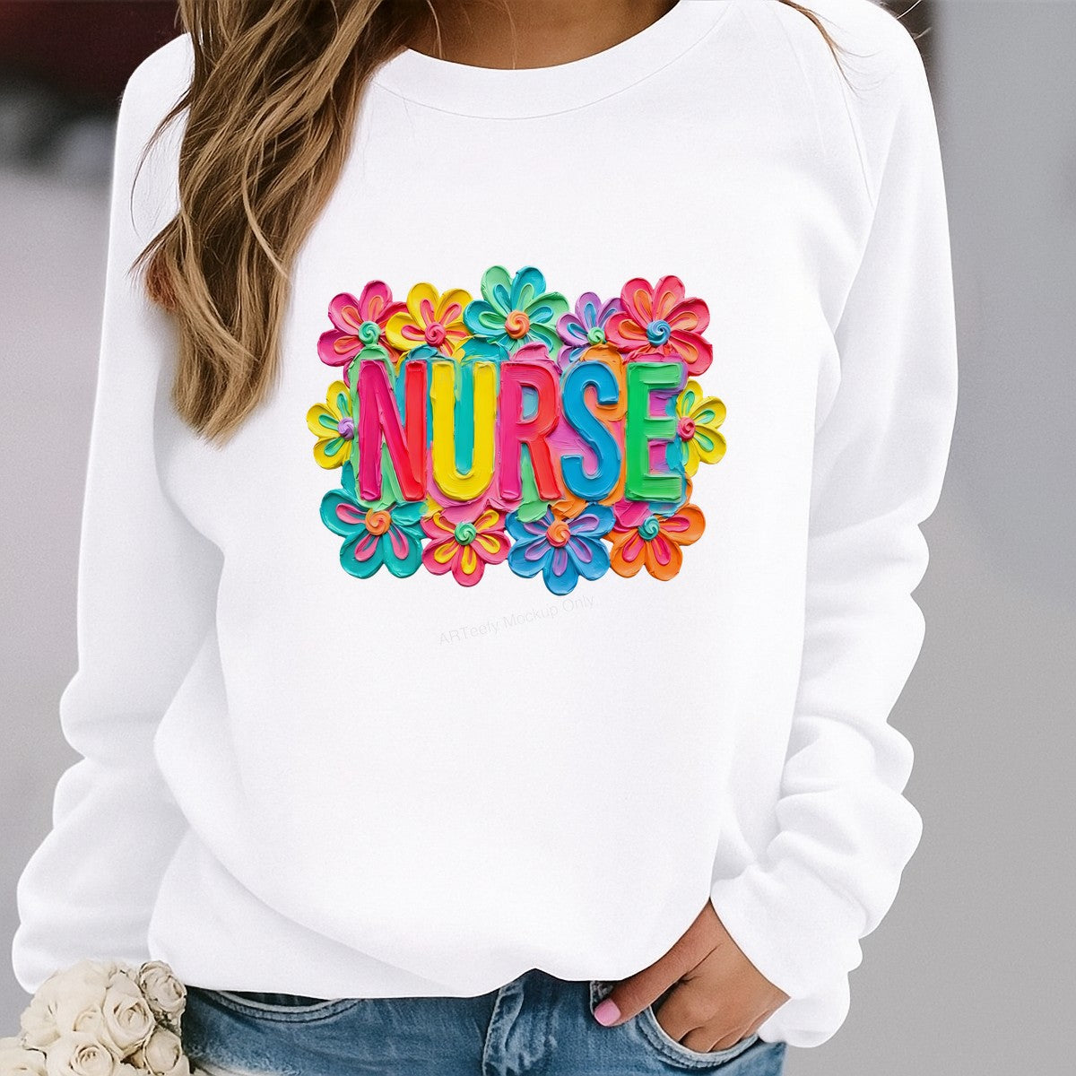 DTF Heat Transfer Colorful Nurse Text with Bright Floral Graphic for T Shirts Hoodies and Tote Bags - 2