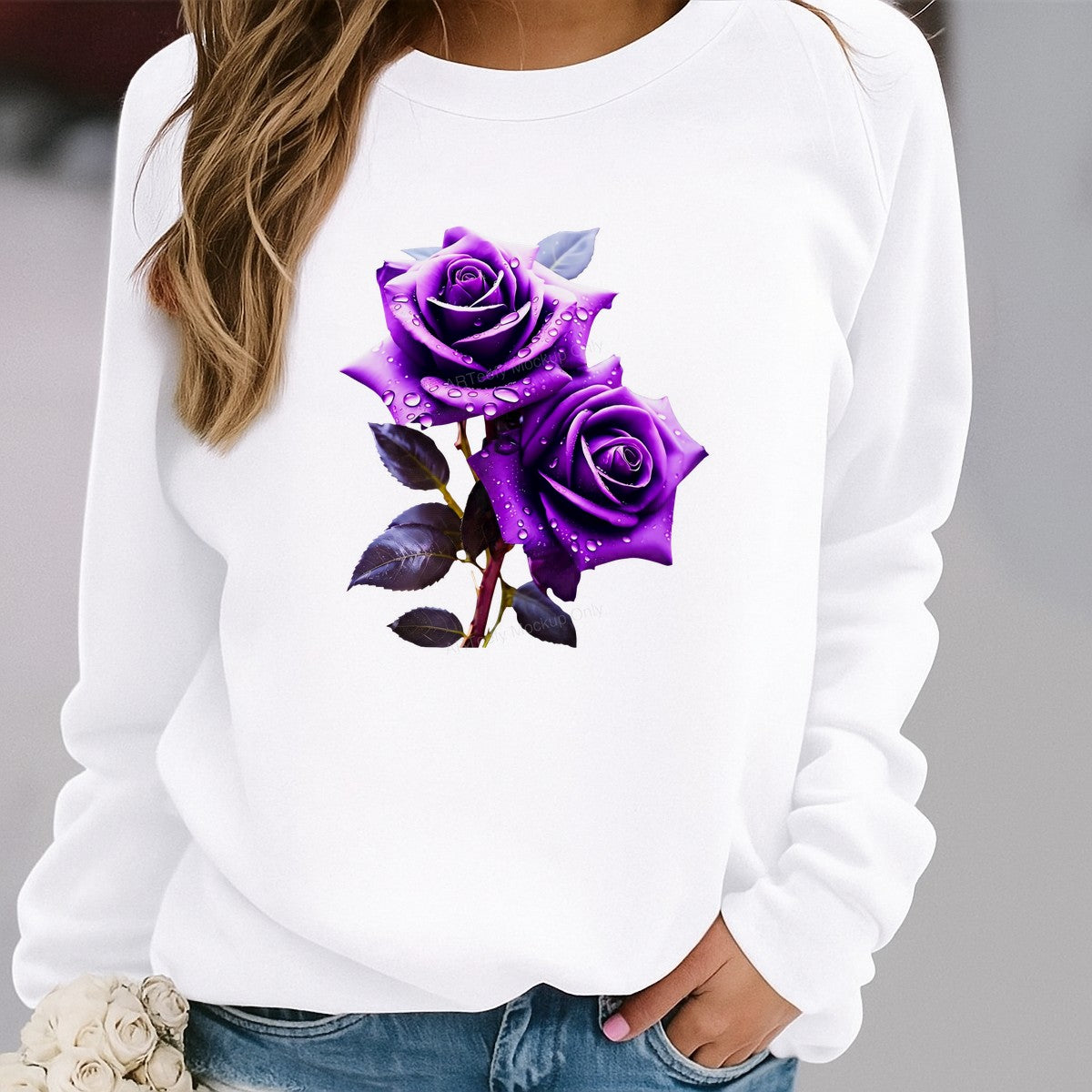 DTF Heat Transfer Purple Rose Bouquet with Water Droplets Graphic for T Shirts Hoodies and Tote Bags - 2