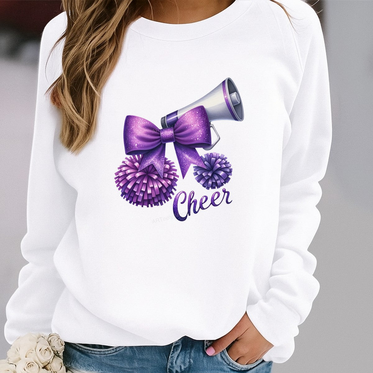 DTF Heat Transfer Cheer Megaphone with Purple Glitter Bow and Pom Poms Graphic for T Shirts Hoodies and Cheerleading Apparel - 2