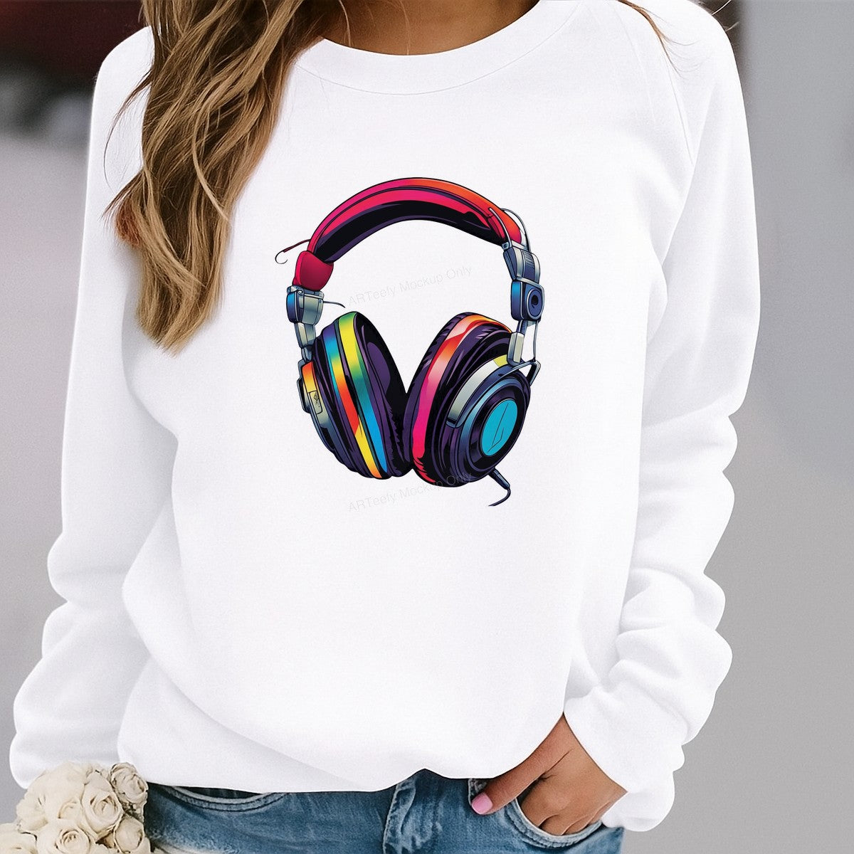 DTF Heat Transfer Neon Rainbow Headphones Graphic Design for T Shirts Hoodies and Tote Bags - 2