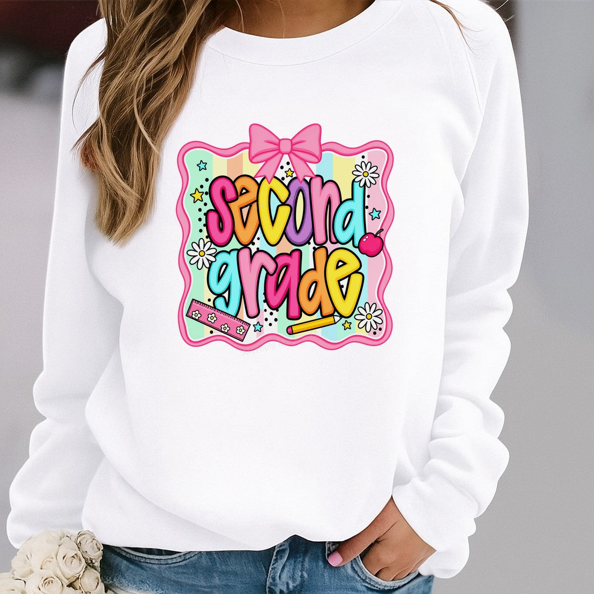 DTF Heat Transfer Second Grade Pastel Rainbow Bow and School Icons Graphic for T Shirts Hoodies and Back to School Gifts - 2