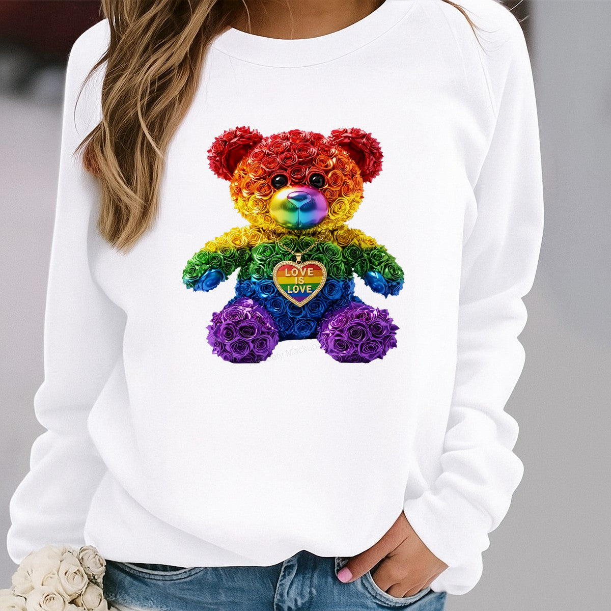 DTF Transfer Love Is Love Rainbow Rose Teddy Bear Graphic for Pride Shirts and LGBTQ Apparel - 2