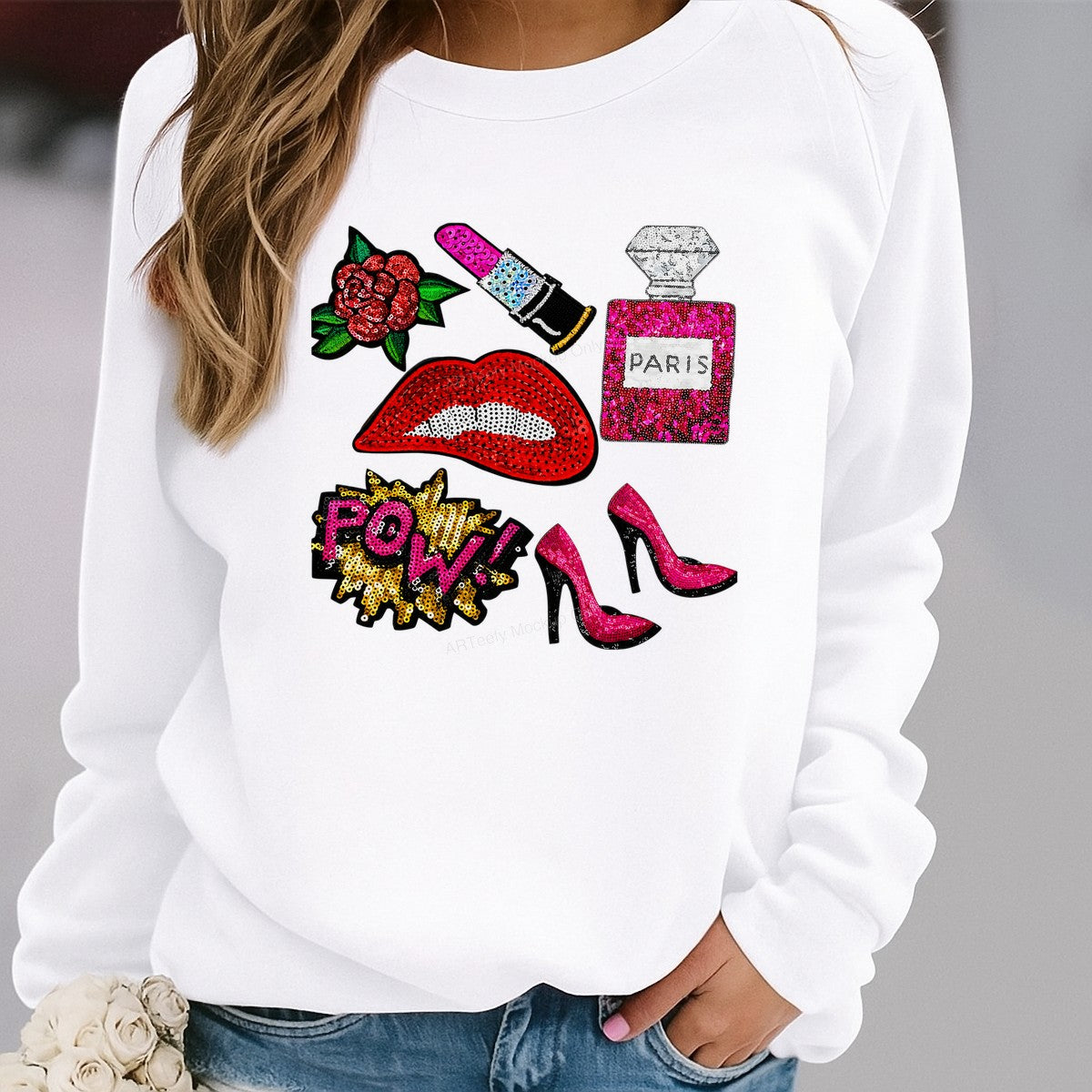 Heat Transfer Patch Glam Lips Lipstick Perfume and Heels Sequin Graphic for T Shirts Jackets and Tote Bags - 2